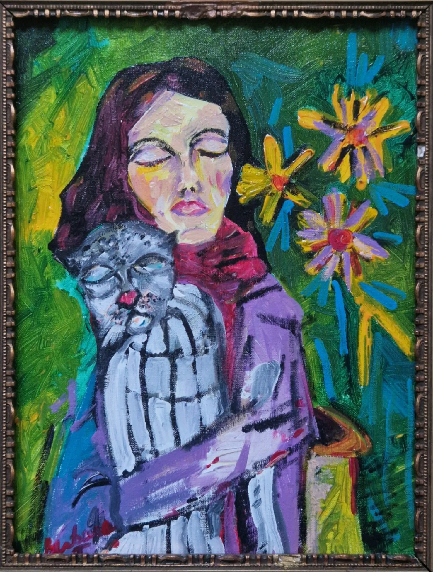 Mid-20th Century Signed - Expressionist Figure With Cat, Oil on Canvas. - 5