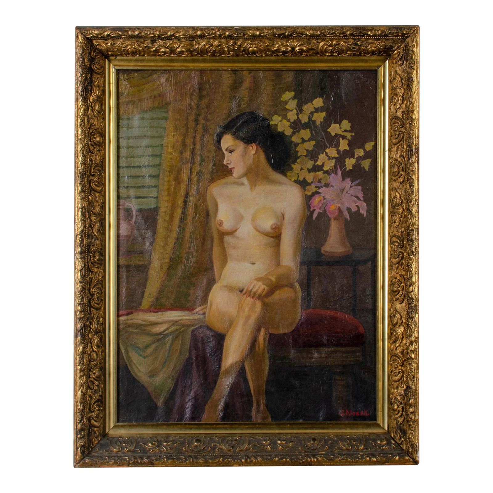 Jan Nosek Nude Painting, C. Mid-20th Century: Jan Nosek (American, 1876-1966) Seated nude woman in an interior setting by artist and illusrator Jan Nosek. oil on canvas, mid 20th century signed lower right: J. Nosek sight: 16 3/4 by 22 1/2