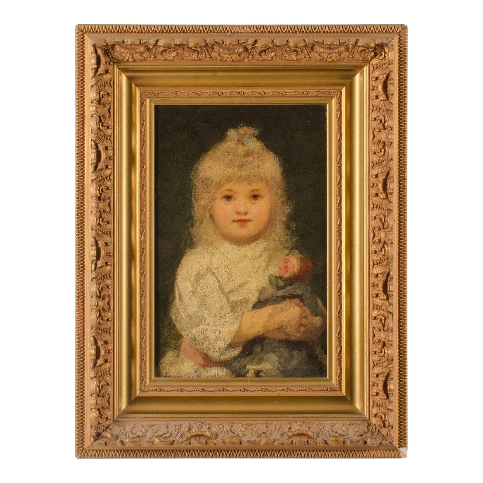 Girl With Doll Portrait Painting, 19th Century: A late 19th century portrait painting of a girl with doll. Oil on board. Initialed F.W.H. on reverse with catalog numbers. 8 1/2 by 13 3/4 16 1/2 by 21 1/2 inches Condition: Alterations: Original