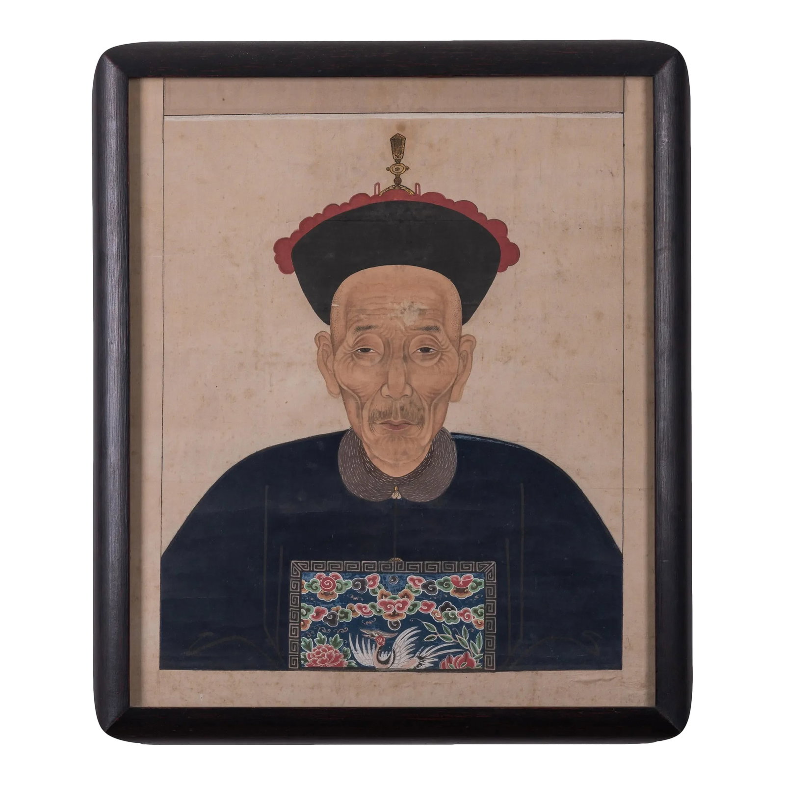 Chinese Qing Ancester Portrait, 19th Century: A Chinese ancestor gouache on silk portrait painting of an elder gentleman from the Qing dynasty, 19th century. sight: 20 3/4 by 25 inches frame: 24 by 28 1/4 inches Condition: Alterations: Original