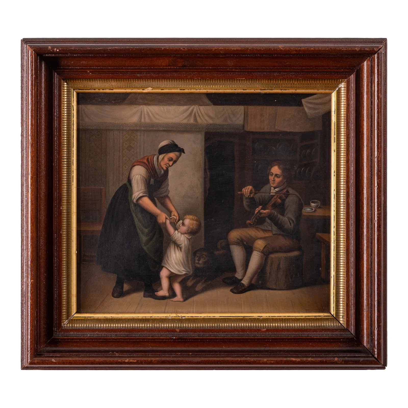 European Interior Genre Painting, C.1860: A European genre painting of an interior depicting baby dancing to father's violin playing with dog looking on. sight: 9 1/4 by 8 inches frame: 13 1/4 by 12 inches Condition: Alterations: Original