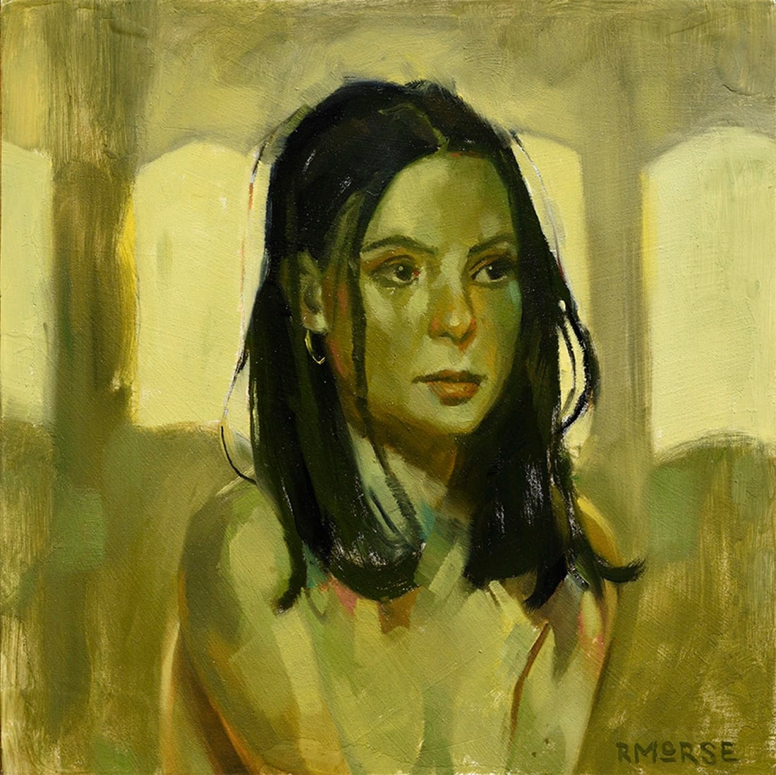 Viridescent by Ryan Morse | Oil on Panel Portrait of a Woman with Dark Hair - 2