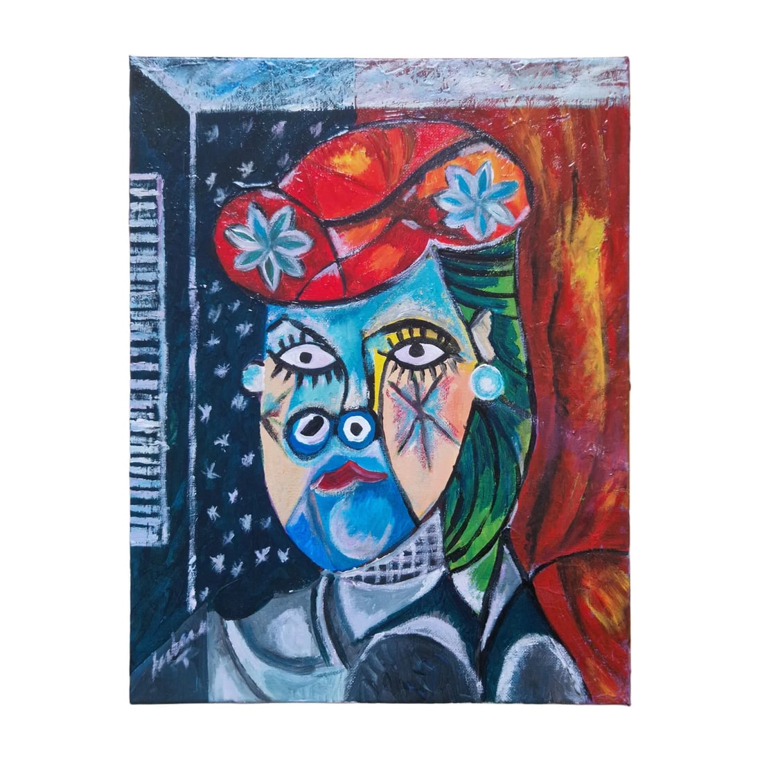 European School - Contemporary Cubist Portrait, Oil on Canvas: Oil on canvas depicting a stylized female portrait rendered in a Cubist-inspired manner, with fragmented facial features and bold, expressive outlines. The composition combines vibrant contrasting