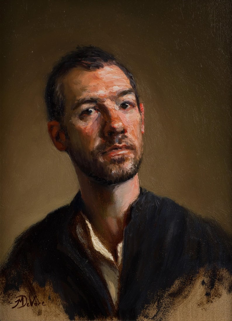 Self-Portrait by Michael DeVore | Oil on panel depicting a man looking directly at the viewer.: This oil on panel self-portrait captures a contemplative moment, revealing the artist's introspective gaze and subtle emotions. The warm, earthy tones and expressive brushwork create a rich texture