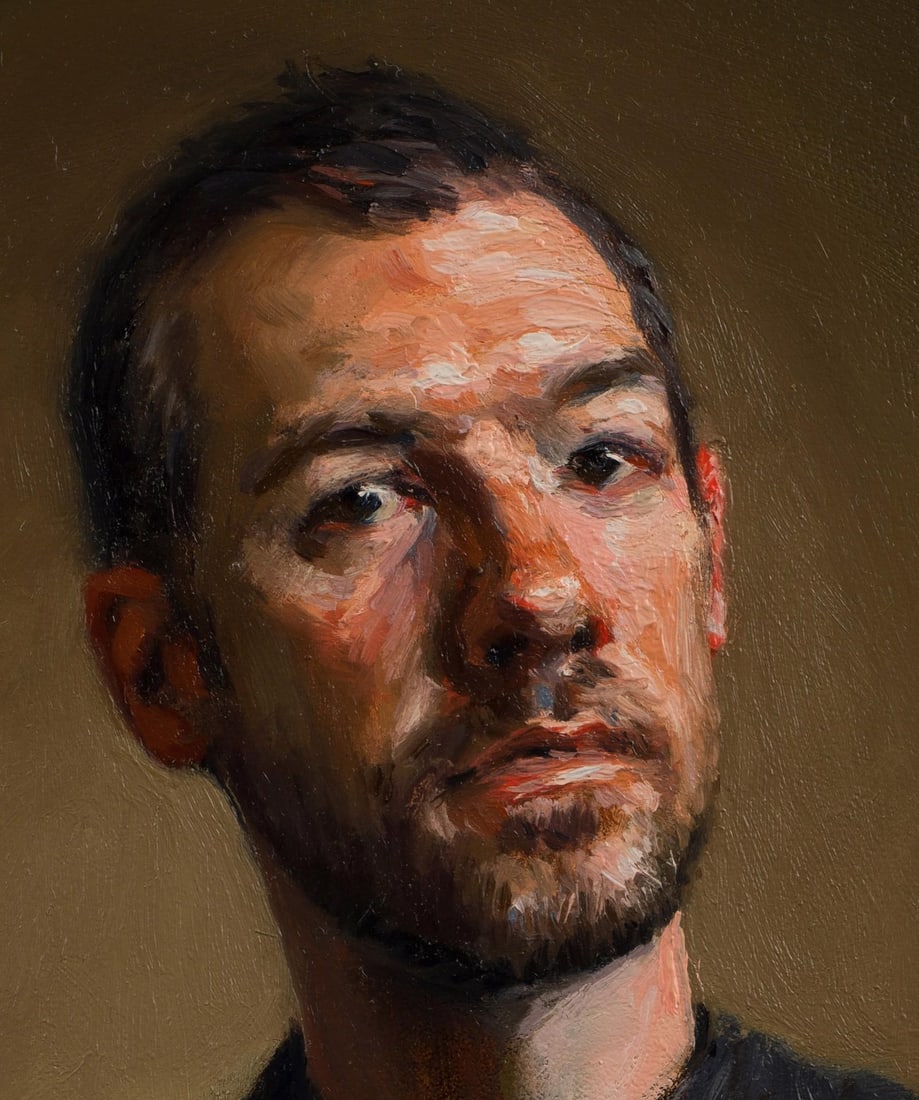 Self-Portrait by Michael DeVore | Oil on panel depicting a man looking directly at the viewer. - 3
