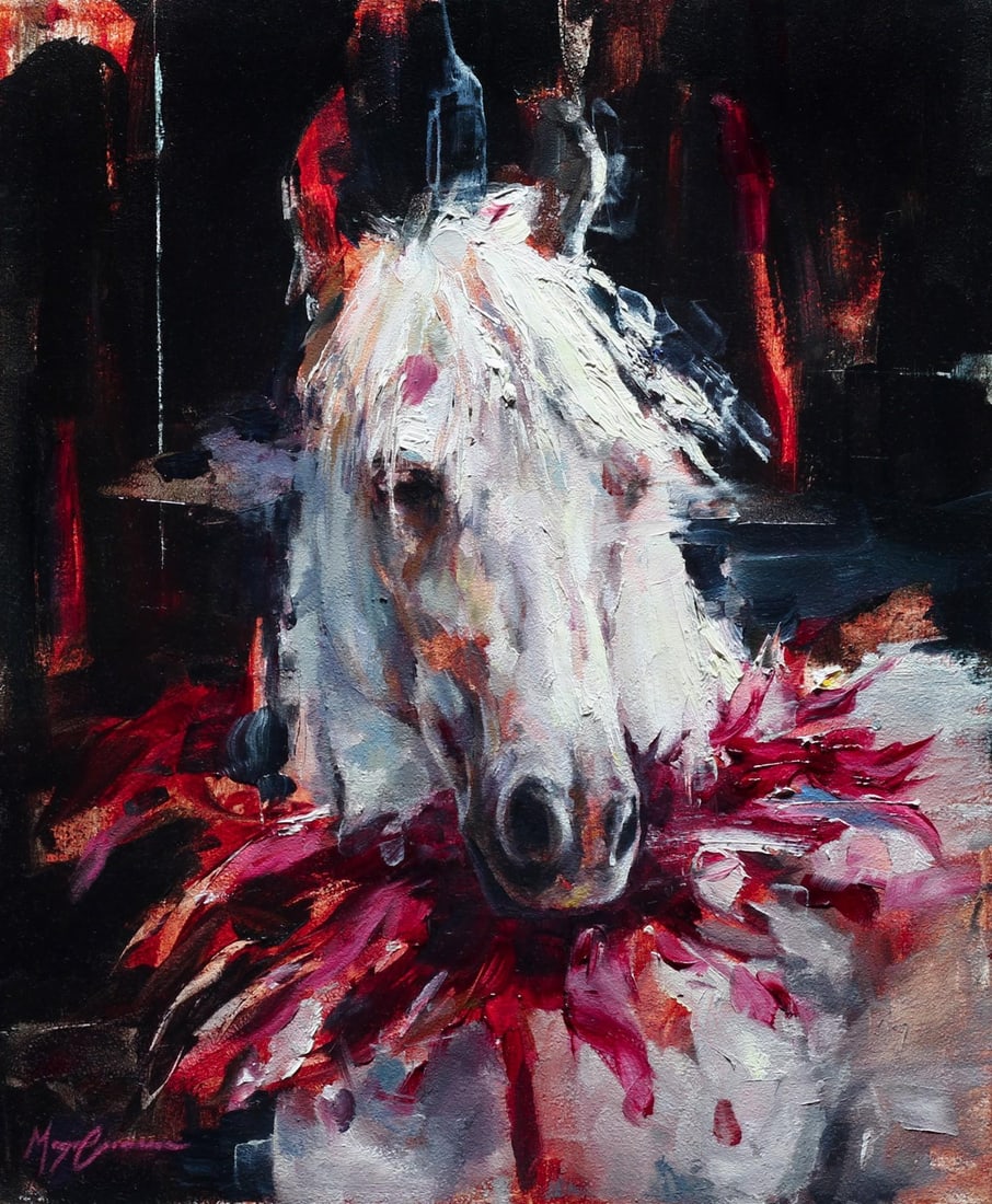 Horse Feathers by Morgan Cameron | Oil on Panel Portrait of a white horse with feathers. - 2