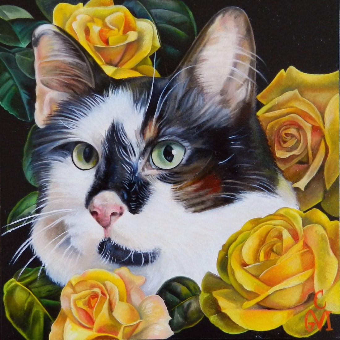 Hercules by Claudia Griesbach-Martucci | Oil Painting of a cat surrounded by yellow roses: This oil painting features a close-up of a cat's face, characterized by its striking green eyes and distinctive fur patterns, set against a backdrop of vibrant yellow roses. The meticulous detailing