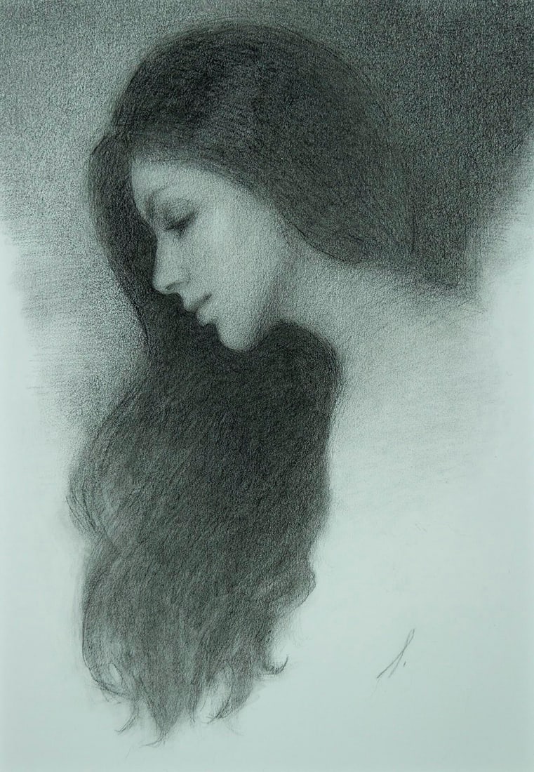 Untitled 12 by Mark Bradley Schwartz | Charcoal on paper of a woman's profile with long hair: This charcoal drawing captures the serene profile of a woman, her flowing hair merging softly into the background. The delicate gradation of tones creates a sense of depth and intimacy, evoking a