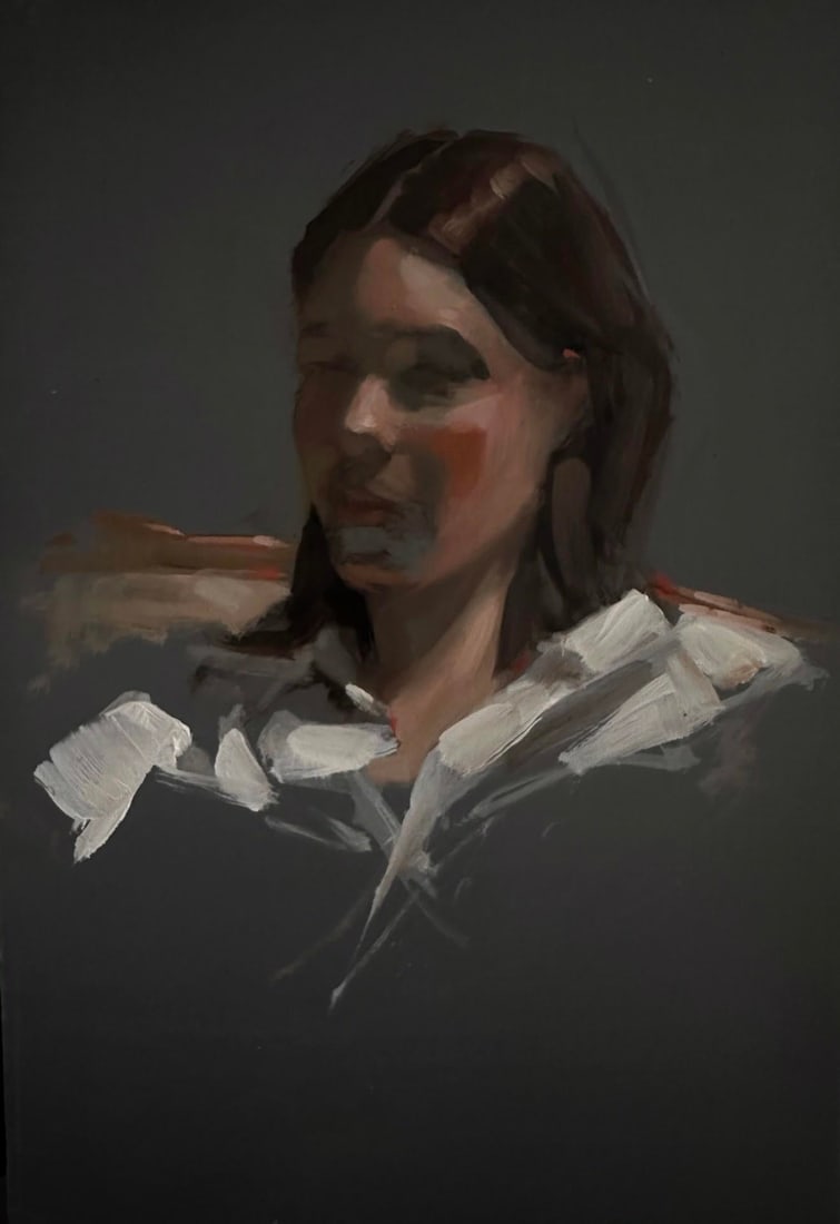 White Shirt by Barbara Hack | Oil on ACM Portrait of a woman wearing a white shirt.: The artwork presents a figure clad in a white shirt, rendered with loose, expressive brushwork that captures the softness of the fabric against a dark background. The subtle play of light and shadow
