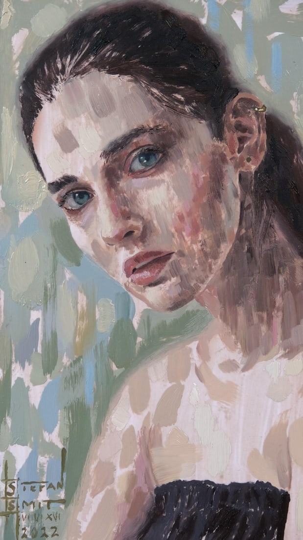 Boundaries by Stefan Smit | Oil on panel Portrait of a woman with blue eyes and soft features.: In "Boundaries," a striking oil painting on panel, a contemplative figure gazes directly at the viewer, her expressive blue eyes conveying a sense of introspection. The artist employs a textured,
