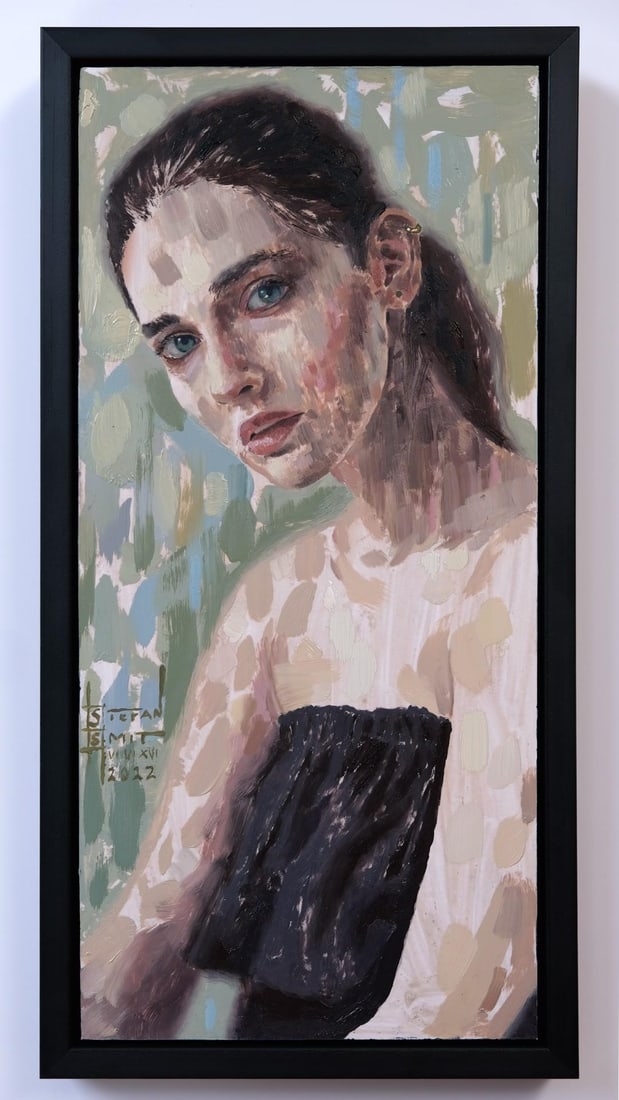 Boundaries by Stefan Smit | Oil on panel Portrait of a woman with blue eyes and soft features. - 2