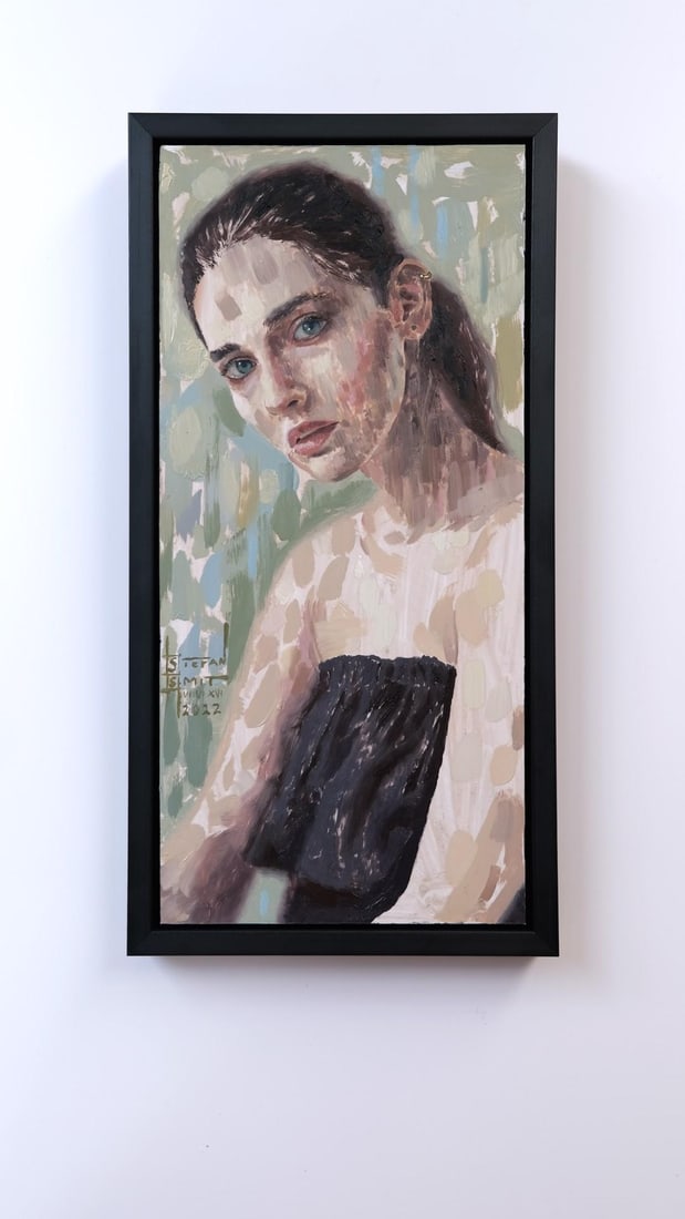 Boundaries by Stefan Smit | Oil on panel Portrait of a woman with blue eyes and soft features. - 3