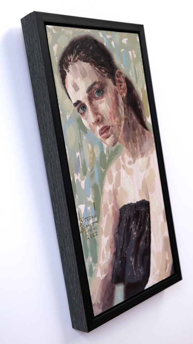 Boundaries by Stefan Smit | Oil on panel Portrait of a woman with blue eyes and soft features. - 4