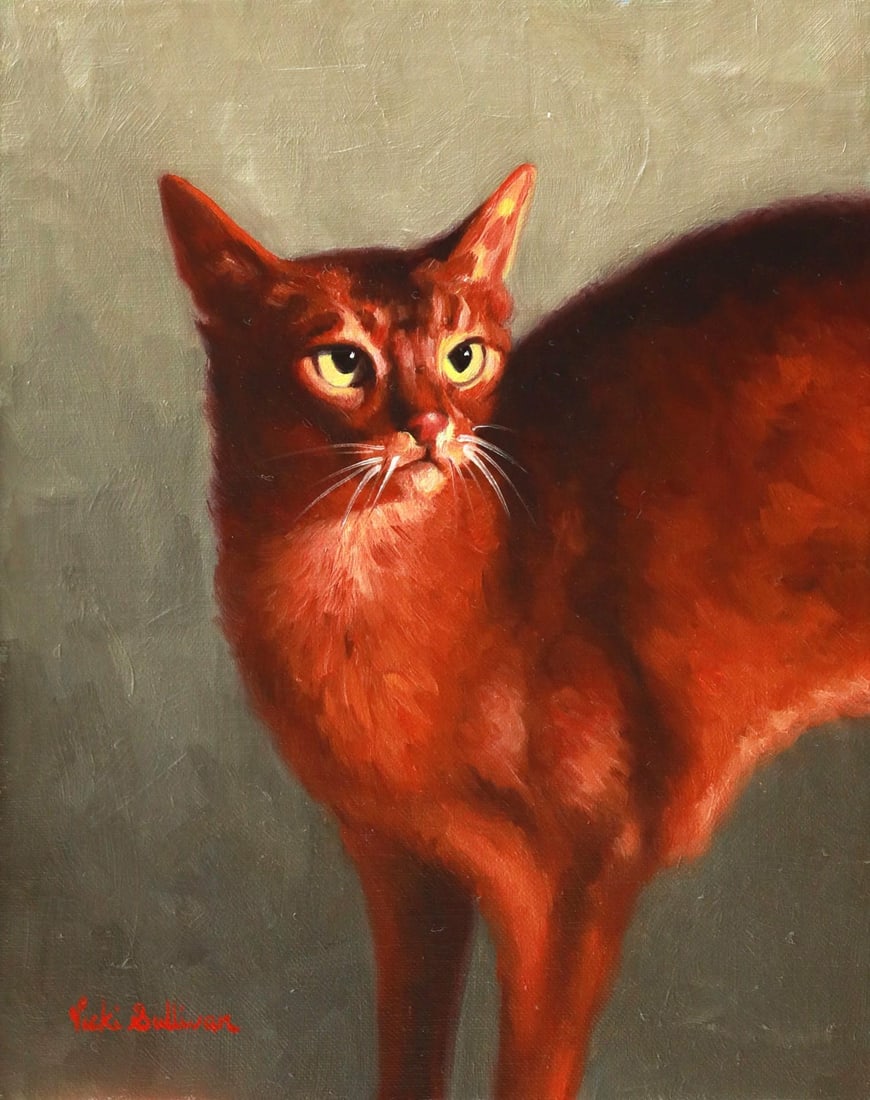 Lucky by Vicki Sullivan | Oil on Linen Painting of a brown cat with green eyes: This oil painting captures the striking presence of a red cat, its fur rendered in rich, warm tones that create a sense of depth and texture. The cat's piercing eyes convey a blend of curiosity and