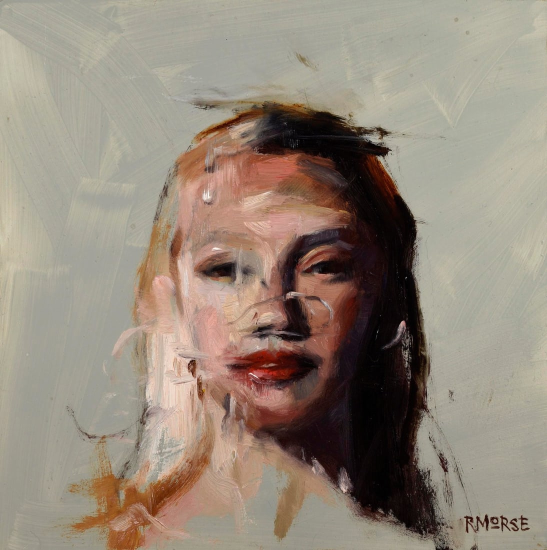 Distort by Ryan Morse | Oil on Panel Portrait of a Woman's Face: This oil on panel artwork features a close-up portrayal of a face, characterized by expressive brushwork that captures both the essence and distortion of human features. The muted background