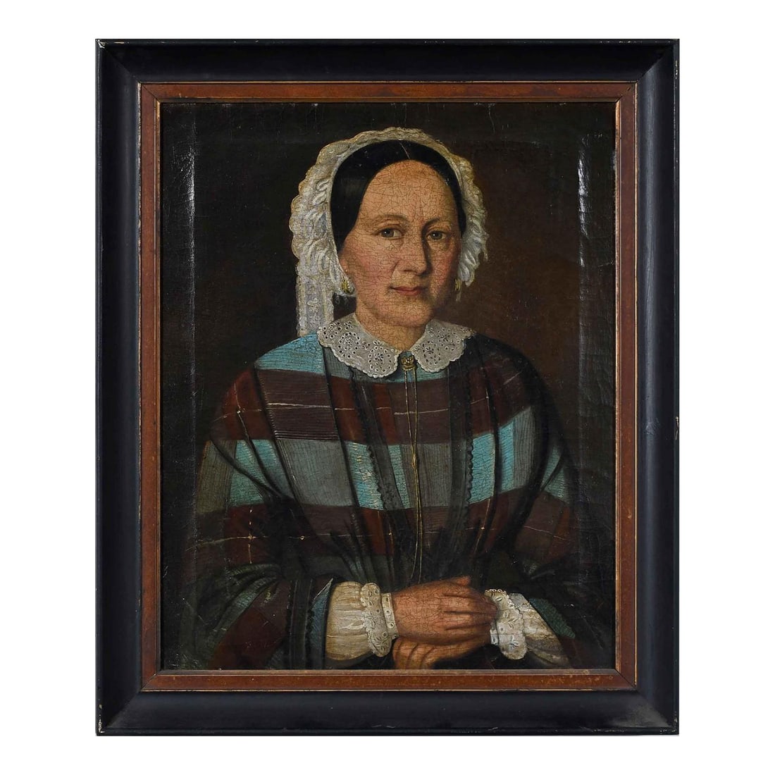 Folk Art Portrait: (American, 19th century) Lady in a Plaid Dress, unsigned, oil on canvas, 18 x 14-1/4 in.; dark wood frame, 21-1/2 x 18 in. Condition: Alterations: Original Condition Unaltered Imperfections: Some