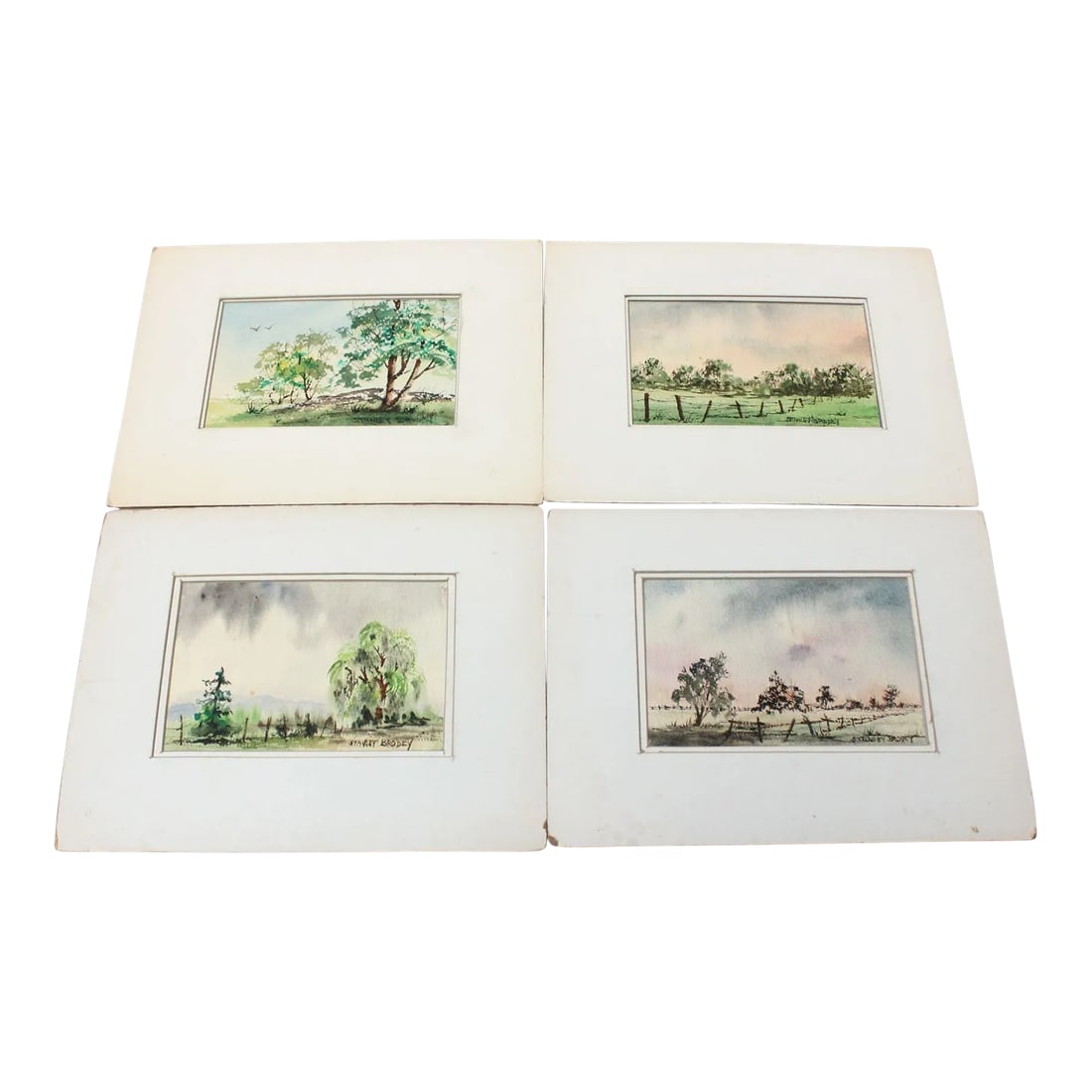 Grouping of Plein-Air Watercolors by Stanley C. Brodey: Set of four plein-art watercolors by New York artist, Stanley C. Brodey (1920 - 2001, Long Island, New York). Brodey drew inspiration from his native Long Island scenery, capturing the shoreline,