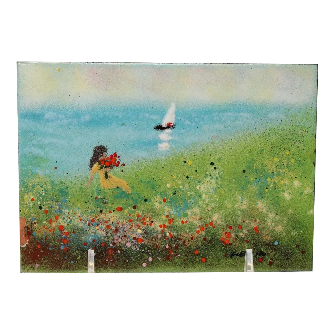 Mid-Century Enamel on Copper Landscape Painting/Plaque by Fleming: Enamel on copper plaque depicting a girl in a waterfront field with flowers with a sailboat in the distance (ca 1950s, USA). Unframed work in good, vintage condition with edge loss to the enamel,