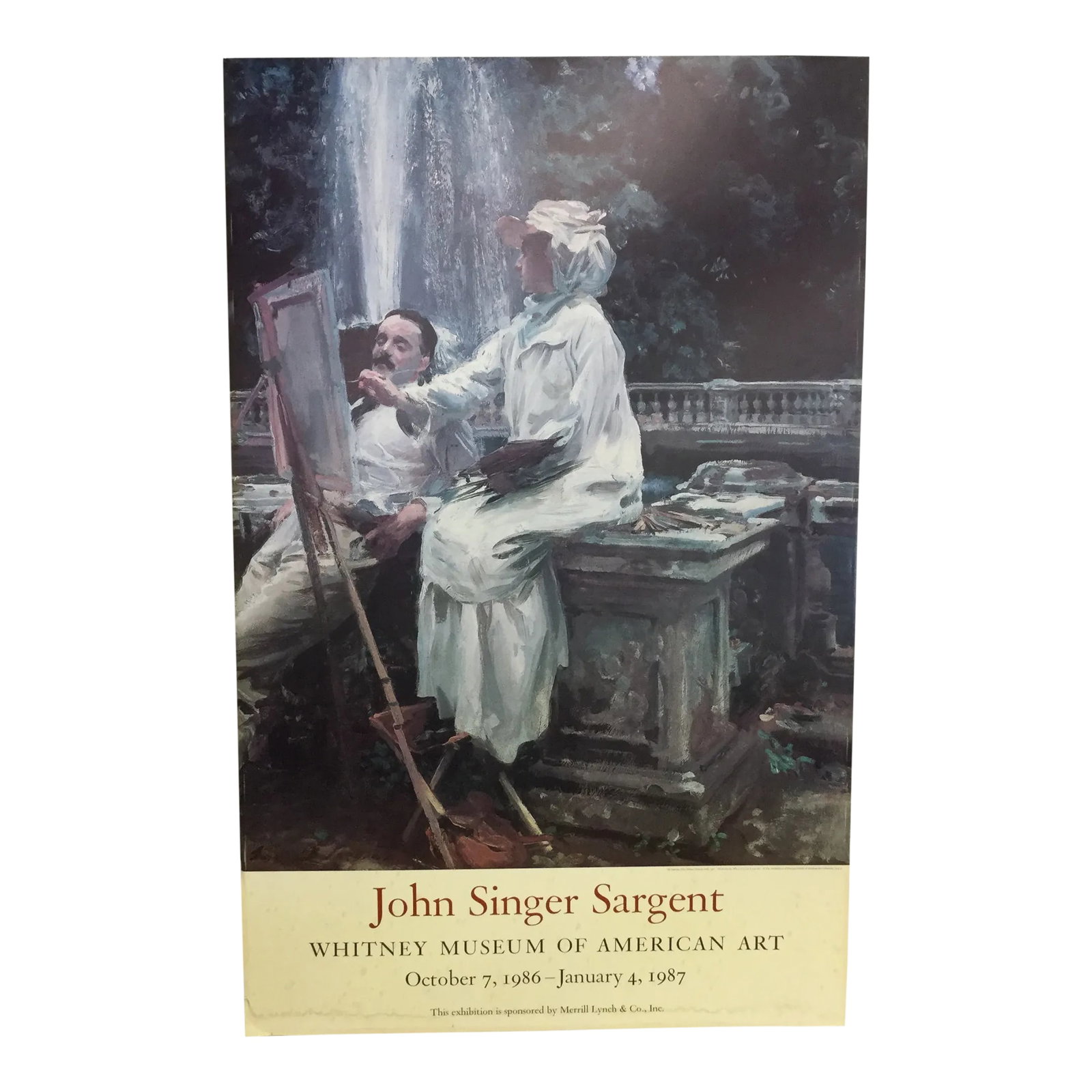 Original Poster of John Singer Sargent 1986: This is a poster advertisement of the Whitney Museum of American Art exhibition of John Singer Sargent from October 7, to January 4, 1987. It Depicts a Beautiful Painting Titled "The Fountain" from