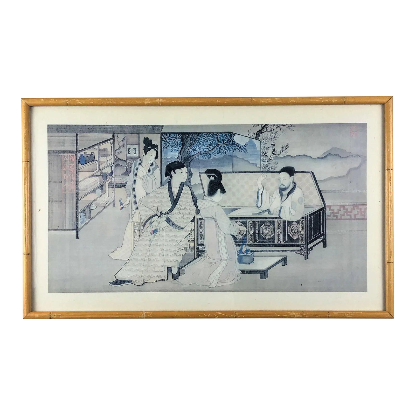 Mid Century Framed Japanese Woodblock Print: Nice bamboo style frame holds a gorgeous muted color print of a Japanese scene with blue tones and grey pink highlights. I'm not sure what is going on in this scenario but it's simply gorgeous.