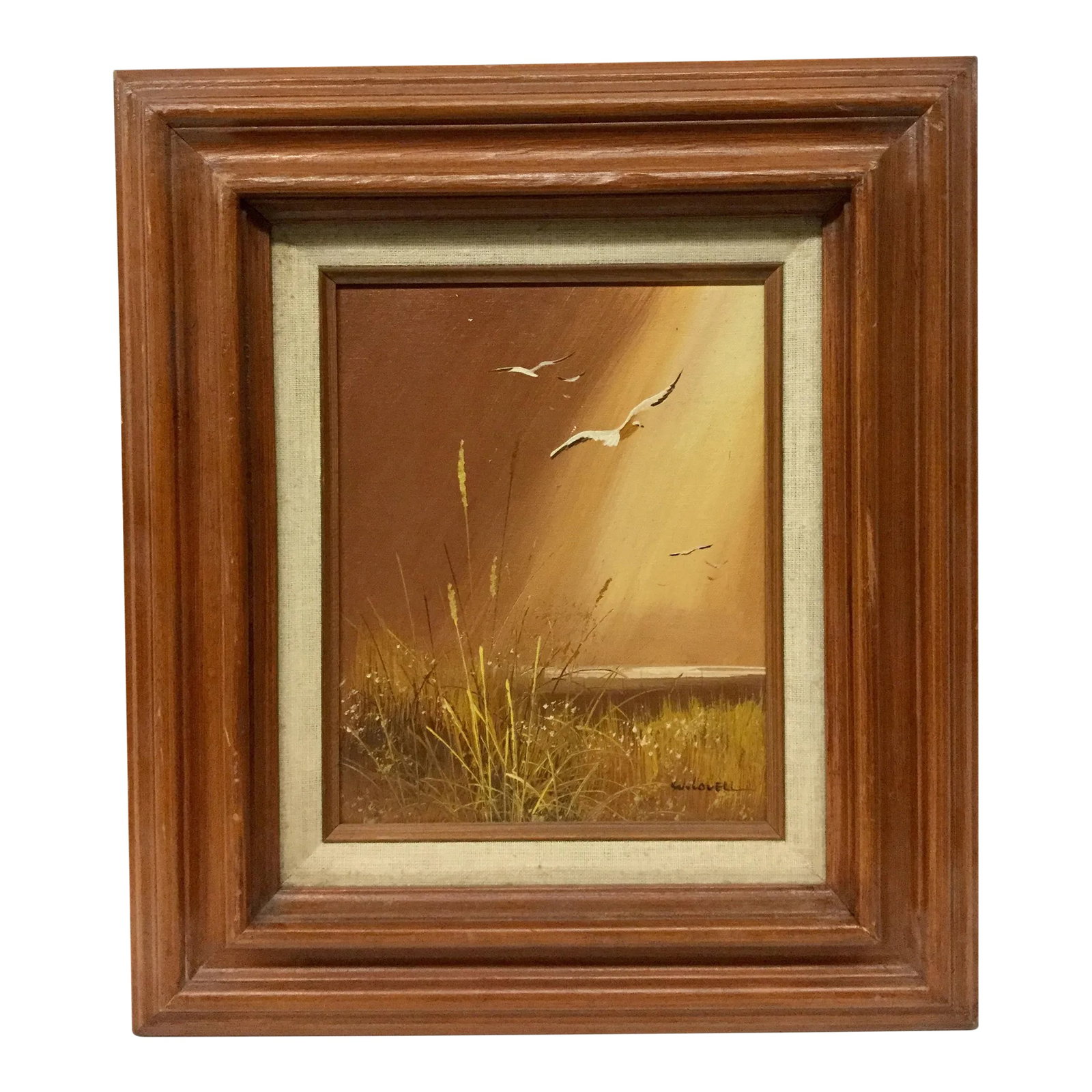 Mid Century Modern Original Oil Painting: We love these oil paintings done by an unknown artist. Such a typical example of Mid Century colors and theme. This oil painting has been framed with linen and wood. Very common back in the 50's. It l