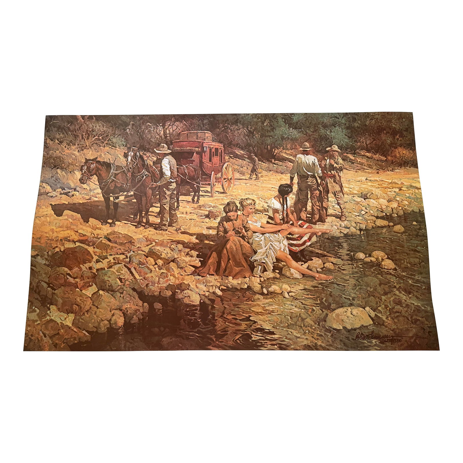 1985 Robert Summers Limited Edition Signed Print "Ten Minute Stretch" Unframed 1238/1500: Robert Summer's signed print number 1238 of 1500. The print depicts stage coach travelers in America's Old West enjoying a 10 minute break along a refreshing stream. The print is ready to be framed.