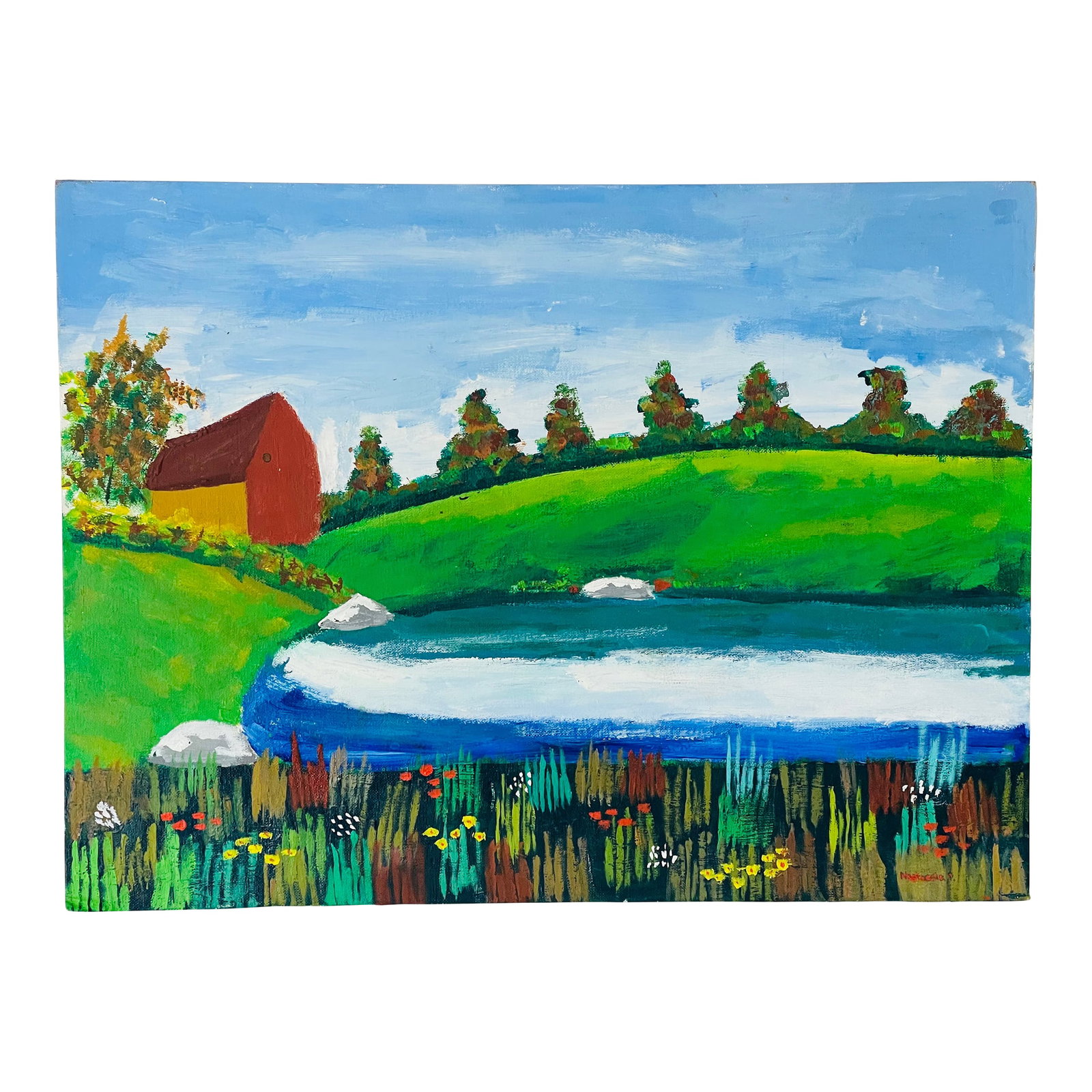 1960s Impressive Bright Naive Folk Art Rural American Landscape Painting Signed: Impressive colourful naive folk art American rural landscape with barn oil on board painting, signed lower right. Condition: Alterations: Original Condition Unaltered Imperfections: Some