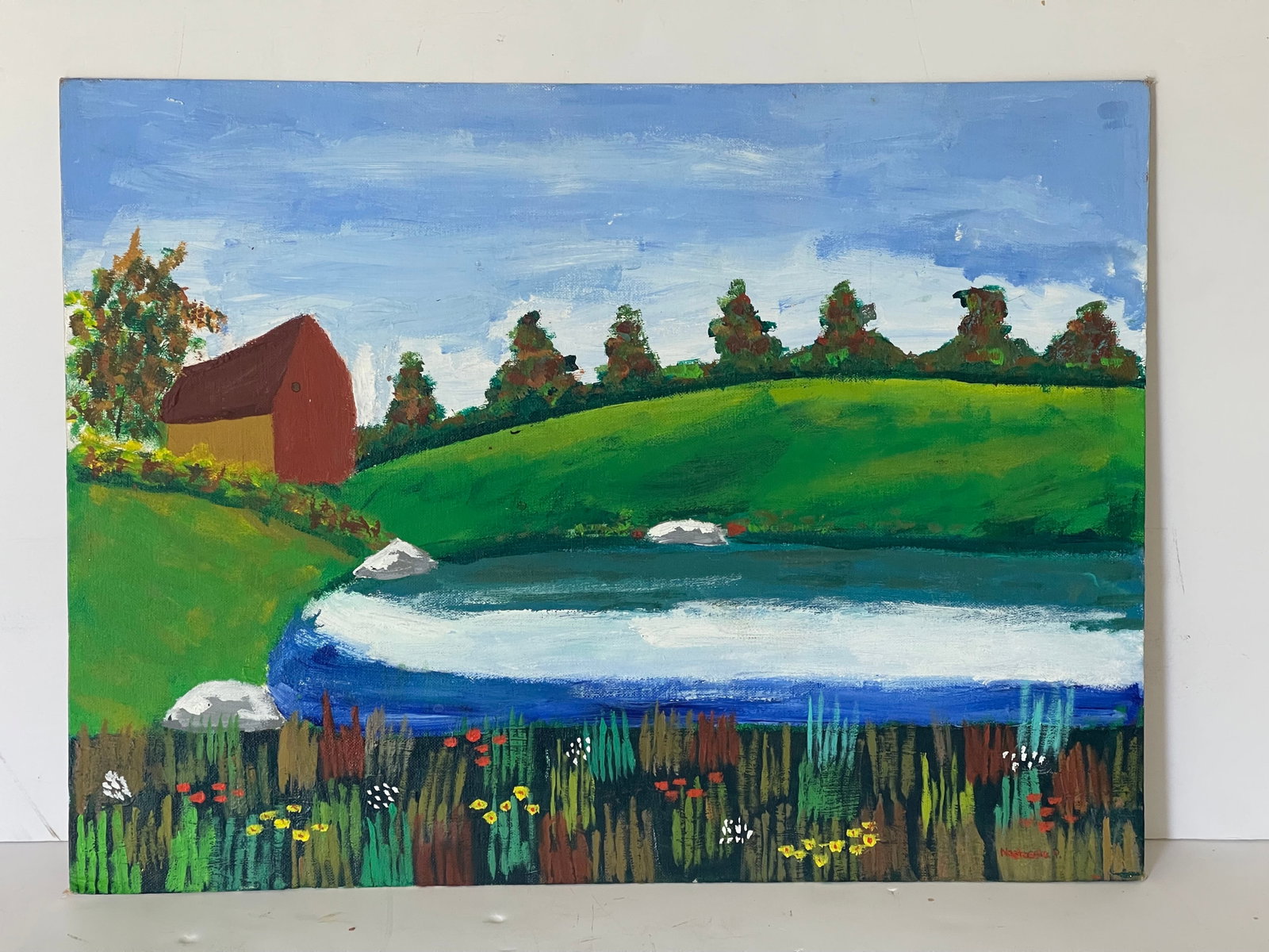 1960s Impressive Bright Naive Folk Art Rural American Landscape Painting Signed - 2