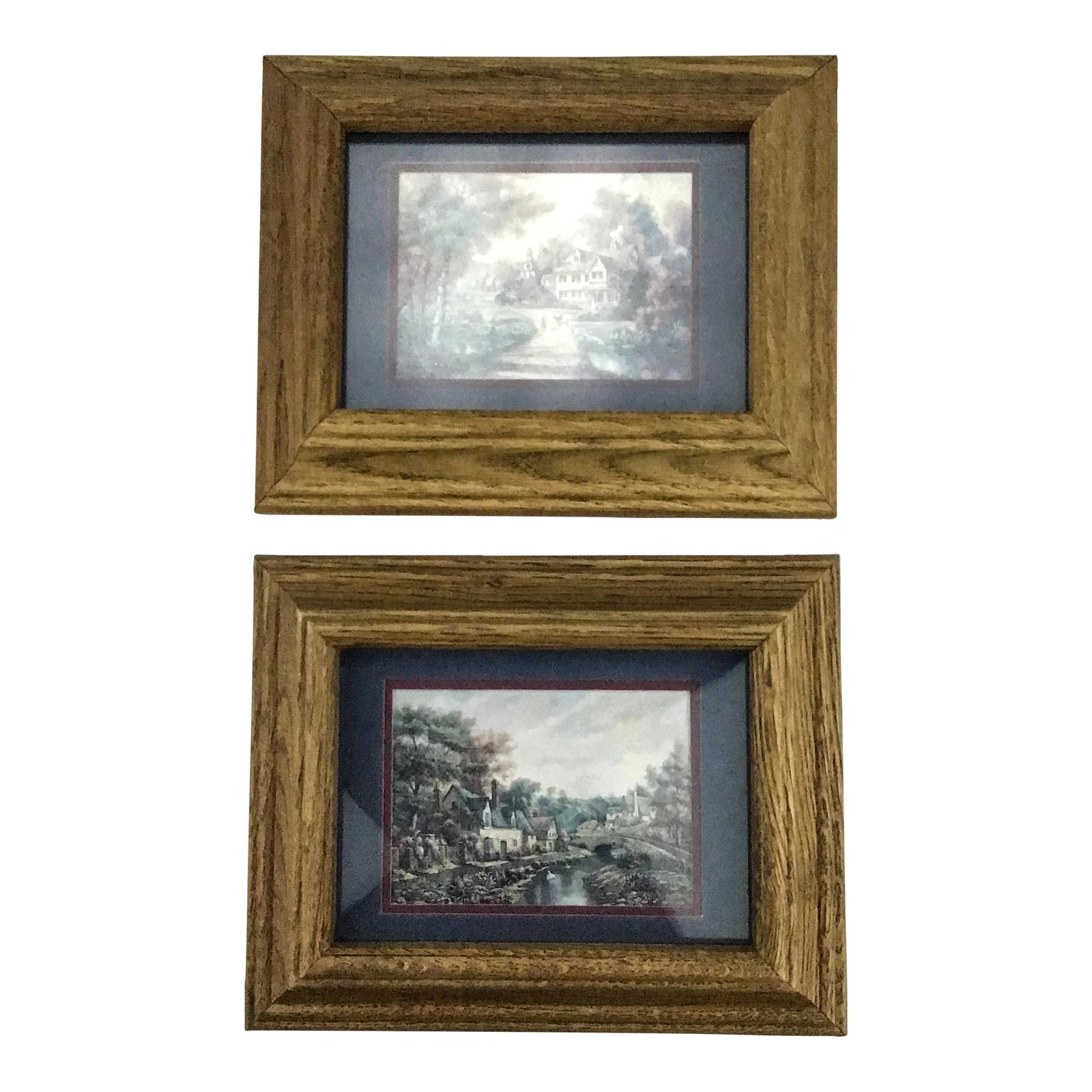 Mid Century Oak Wood Framed Prints - a Pair: Super heavy solid oak frames have been double matted with complimentary prints of village scenes from the 1800's. I am pricing these as if no print was inside the frames. You can easily change the