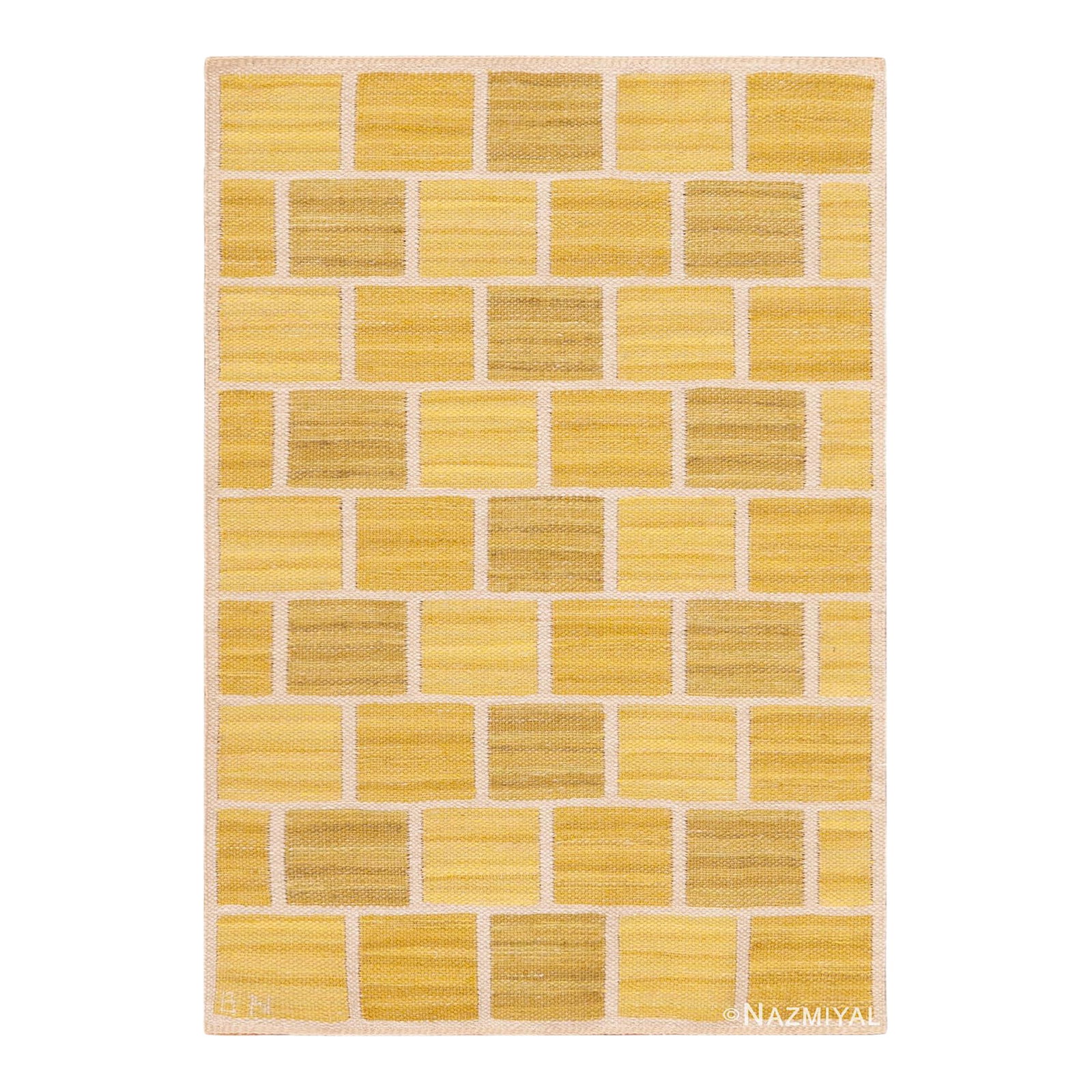 Nazmiyal Collection Vintage Swedish Barbro Nilsson Signed Kilim Rug: Beautiful Vibrant Yellow Vintage Swedish Barbro Nilsson Signed Rug, Country of origin: Scandinavia, Circa date: Vintage Condition: Alterations: Original Condition Unaltered Imperfections: Some