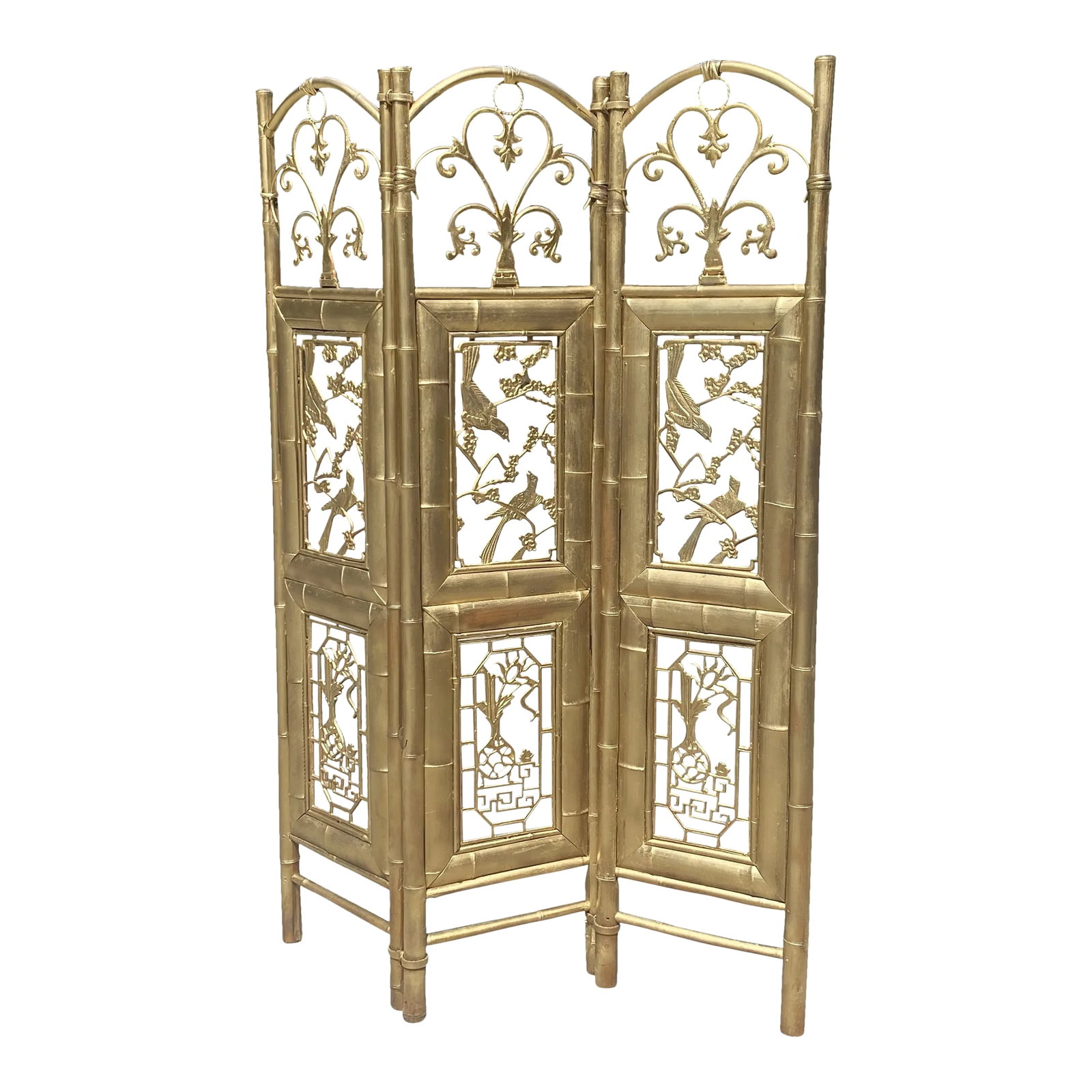 1970s Gold Bamboo Carved Screen Greek Key Bird Motif: This is a beautiful gold bamboo screen with carved details. Perfect for the interior designer or the enthusiast! Condition: Alterations: Original Condition Unaltered Imperfections: Some Imperfections