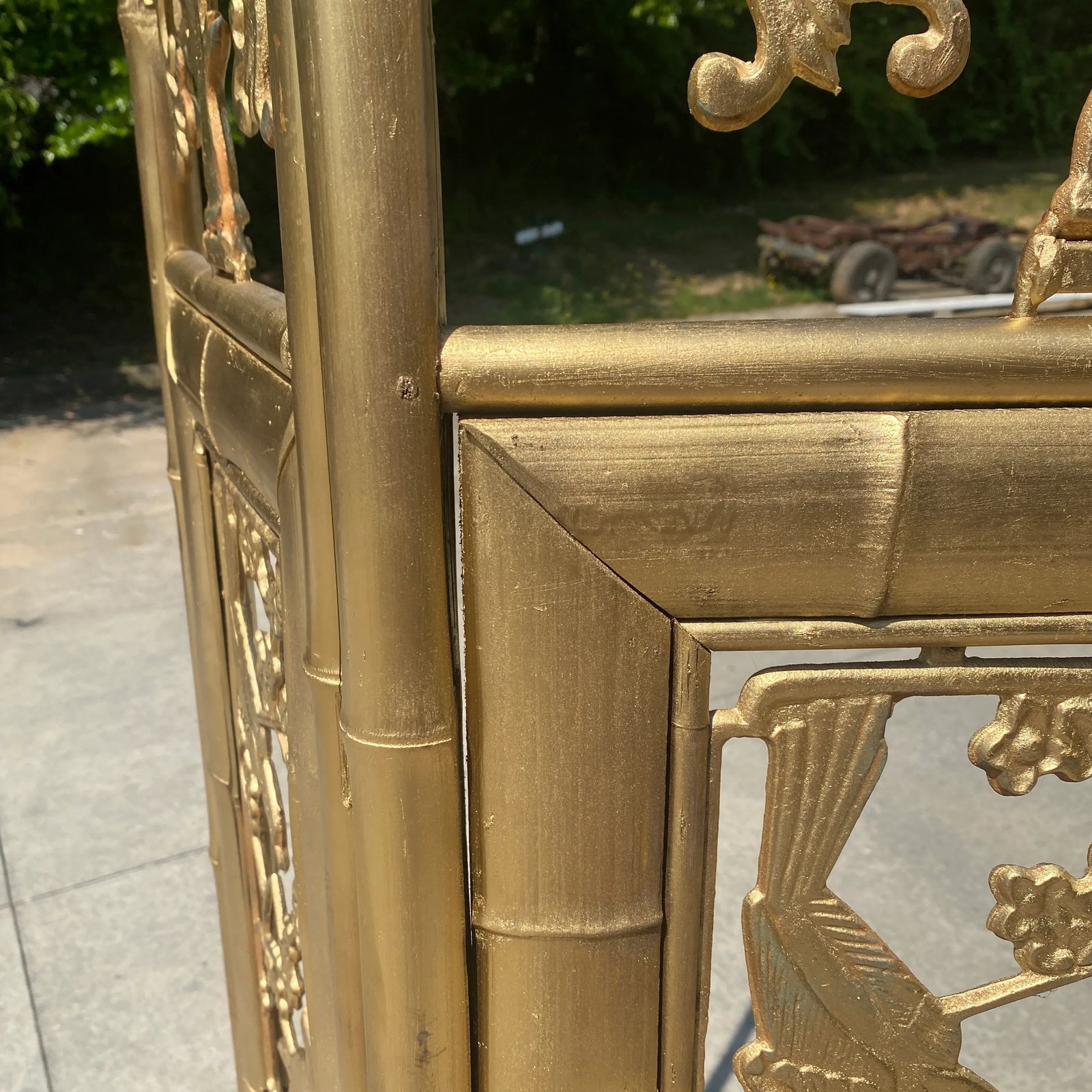 1970s Gold Bamboo Carved Screen Greek Key Bird Motif - 4