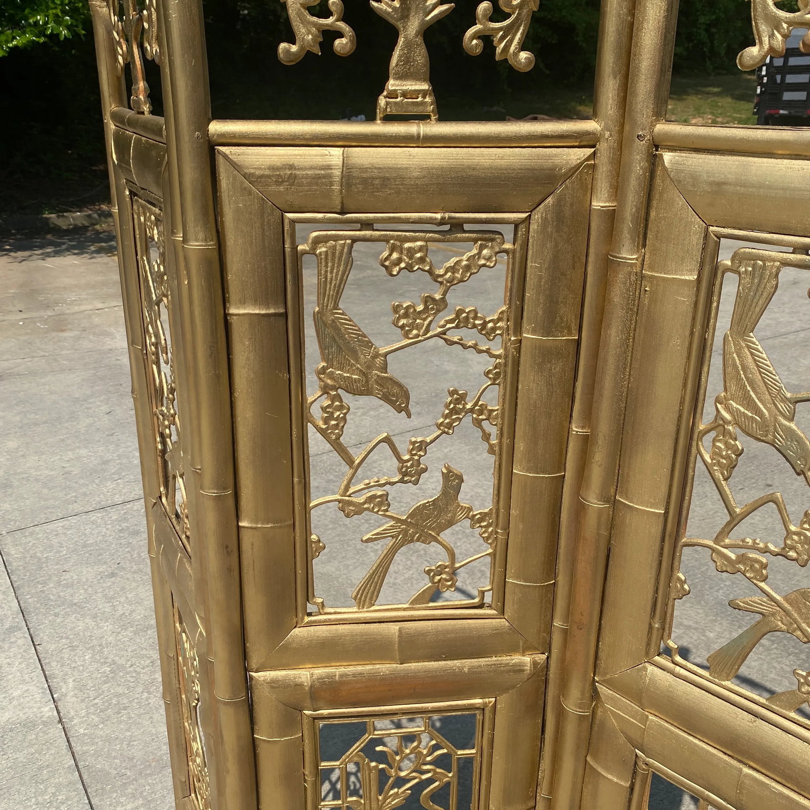 1970s Gold Bamboo Carved Screen Greek Key Bird Motif - 5
