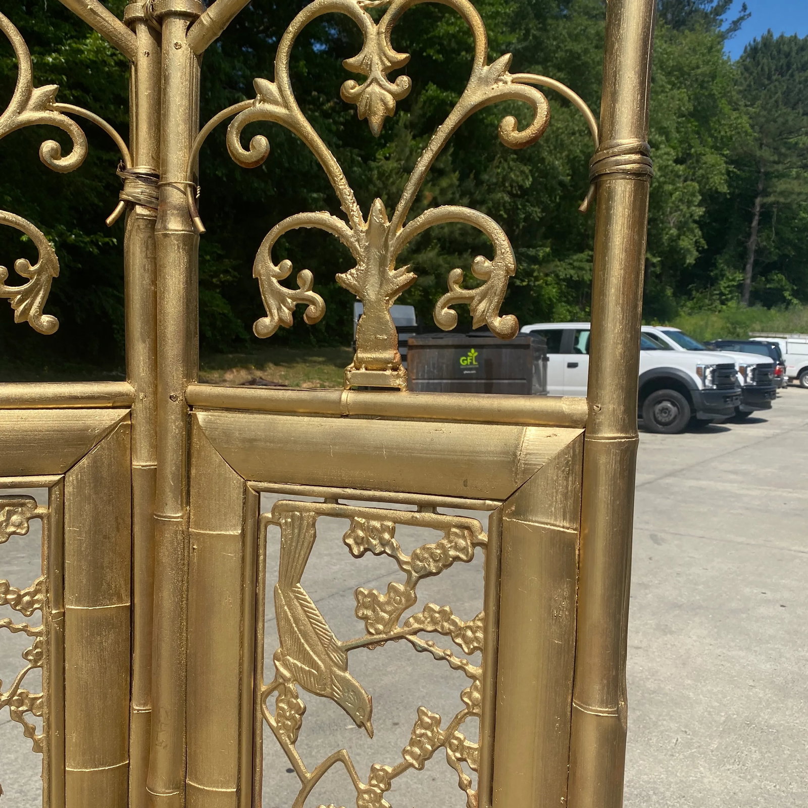 1970s Gold Bamboo Carved Screen Greek Key Bird Motif - 6
