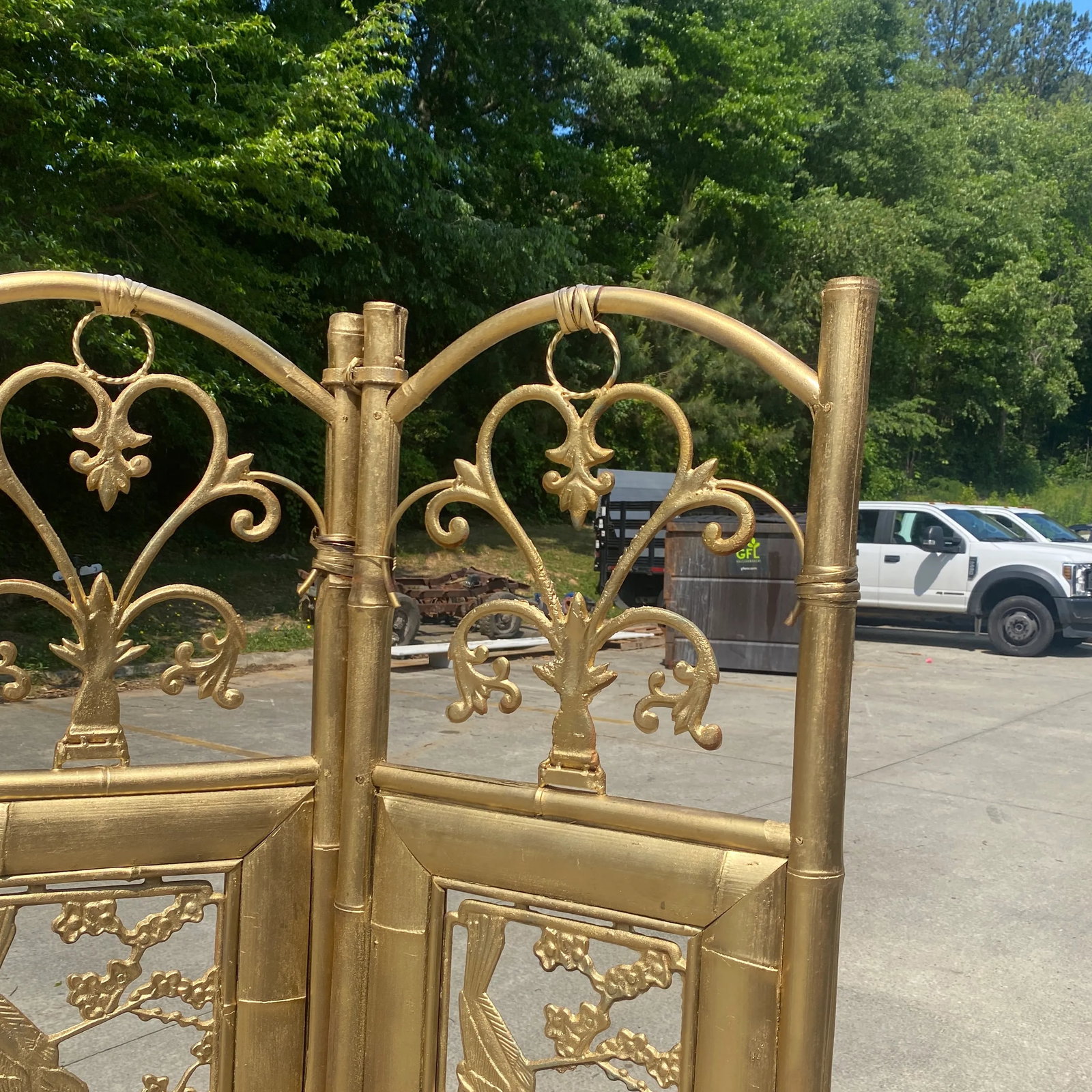 1970s Gold Bamboo Carved Screen Greek Key Bird Motif - 7