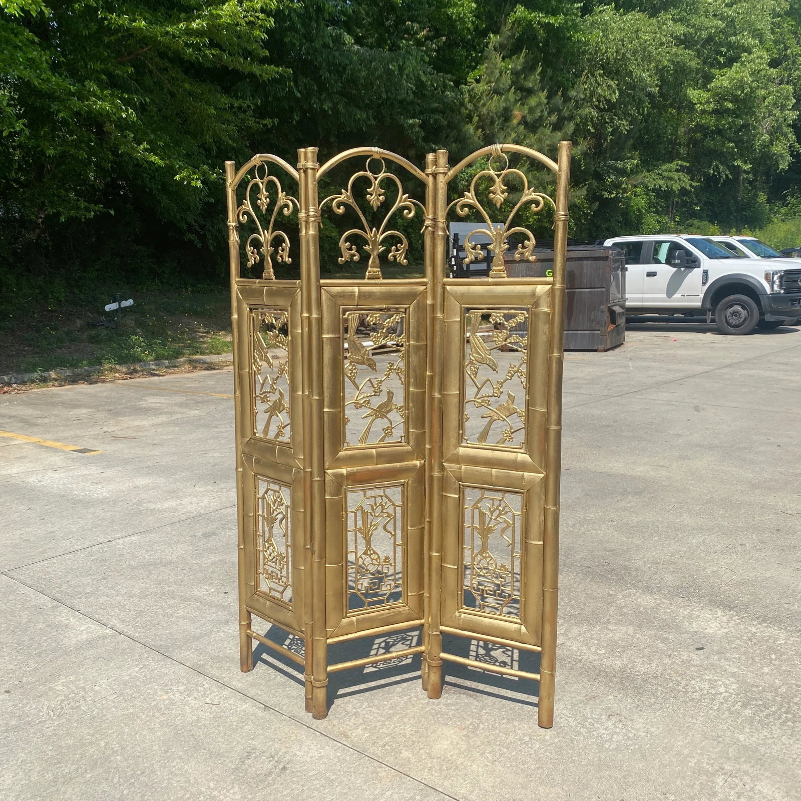 1970s Gold Bamboo Carved Screen Greek Key Bird Motif - 9