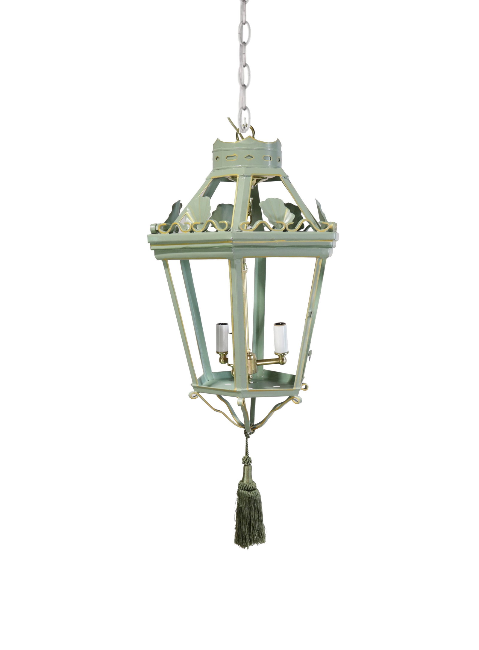 A Vintage "Visual Comfort" Style Iron Celadon Green Chandelier - 11