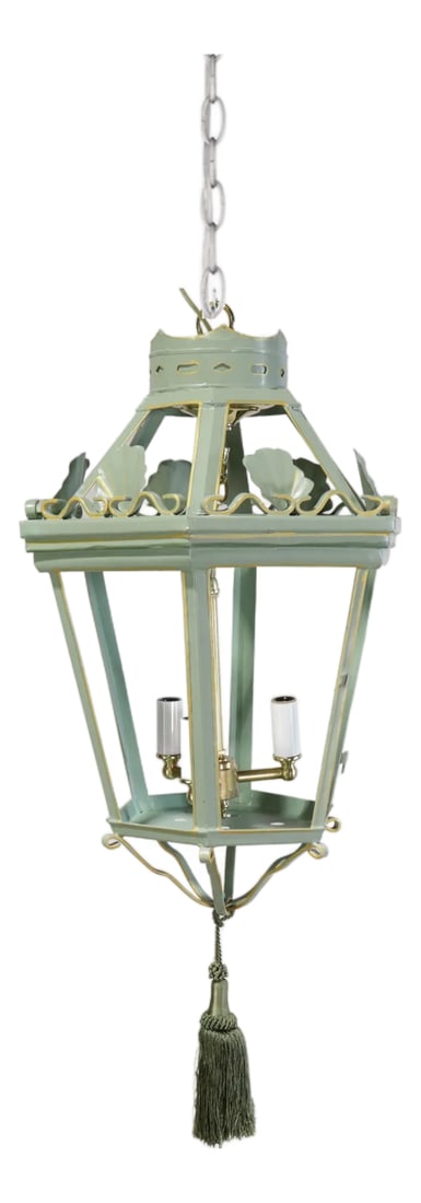 A Vintage "Visual Comfort" Style Iron Celadon Green Chandelier: This exquisite "Caddo" chandelier in the Visual Comfort style adds a touch of southern charm and whimsical elegance to your space. Inspired by classic New Orleans architecture, this hexagonal