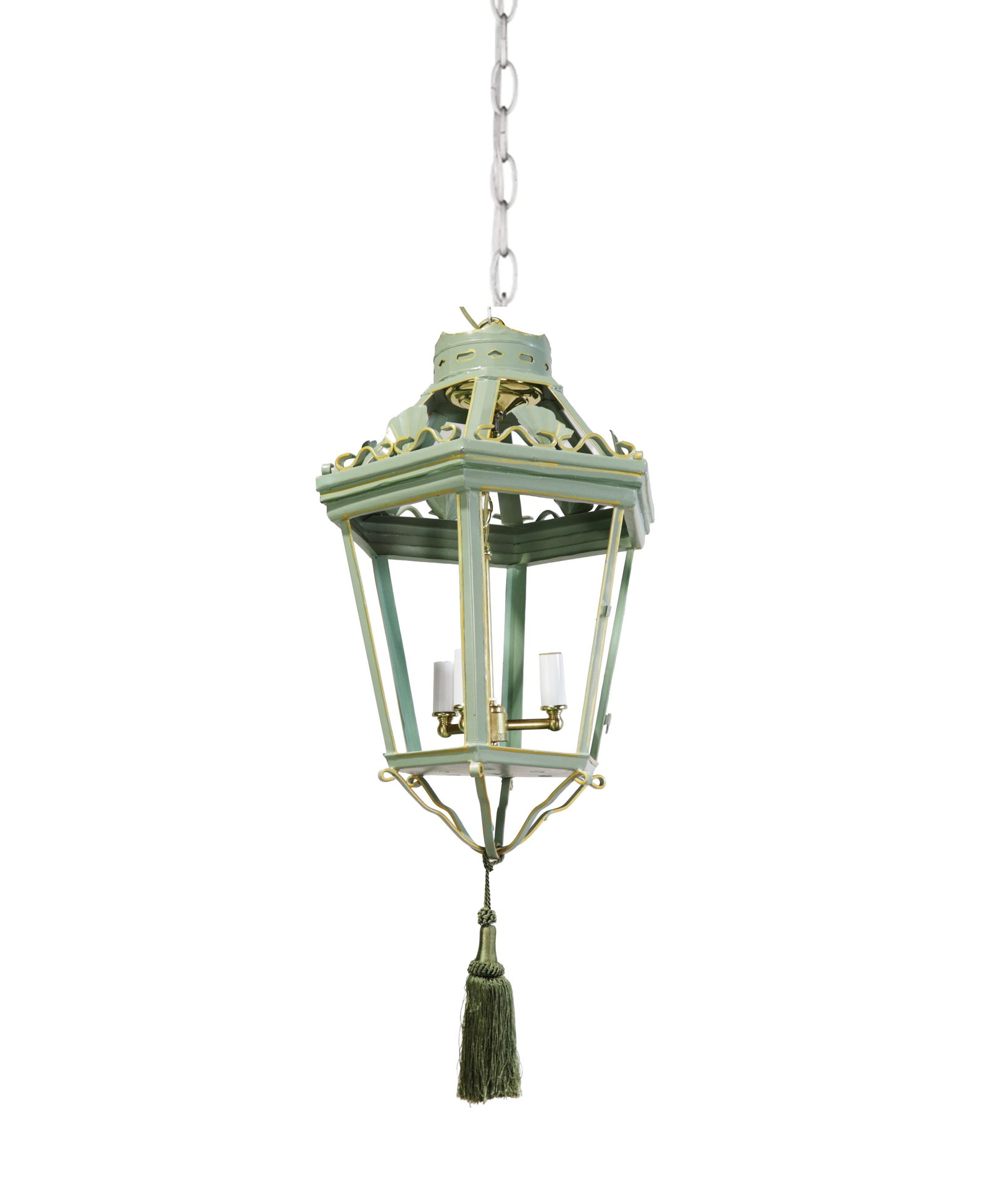 A Vintage "Visual Comfort" Style Iron Celadon Green Chandelier - 2