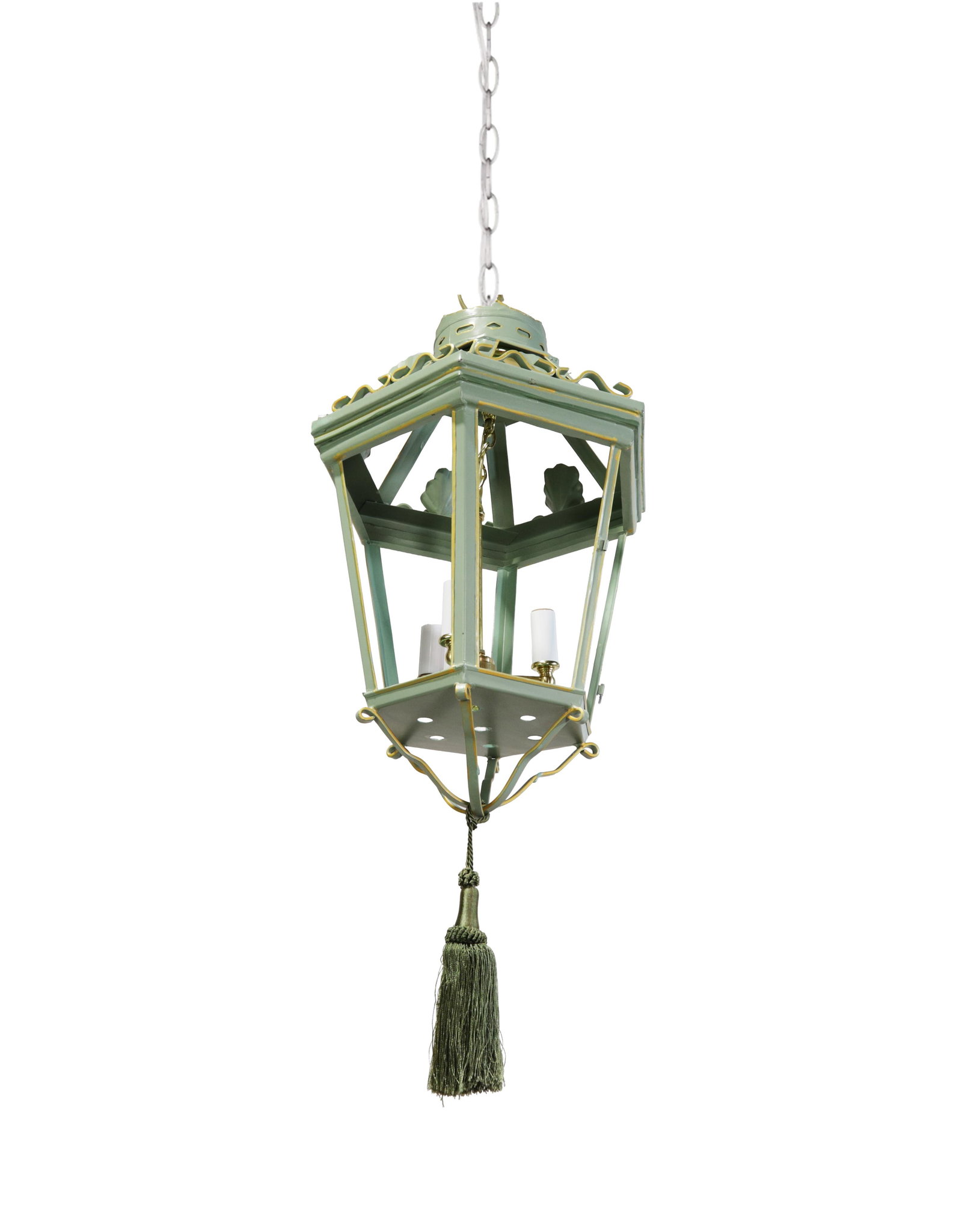 A Vintage "Visual Comfort" Style Iron Celadon Green Chandelier - 3