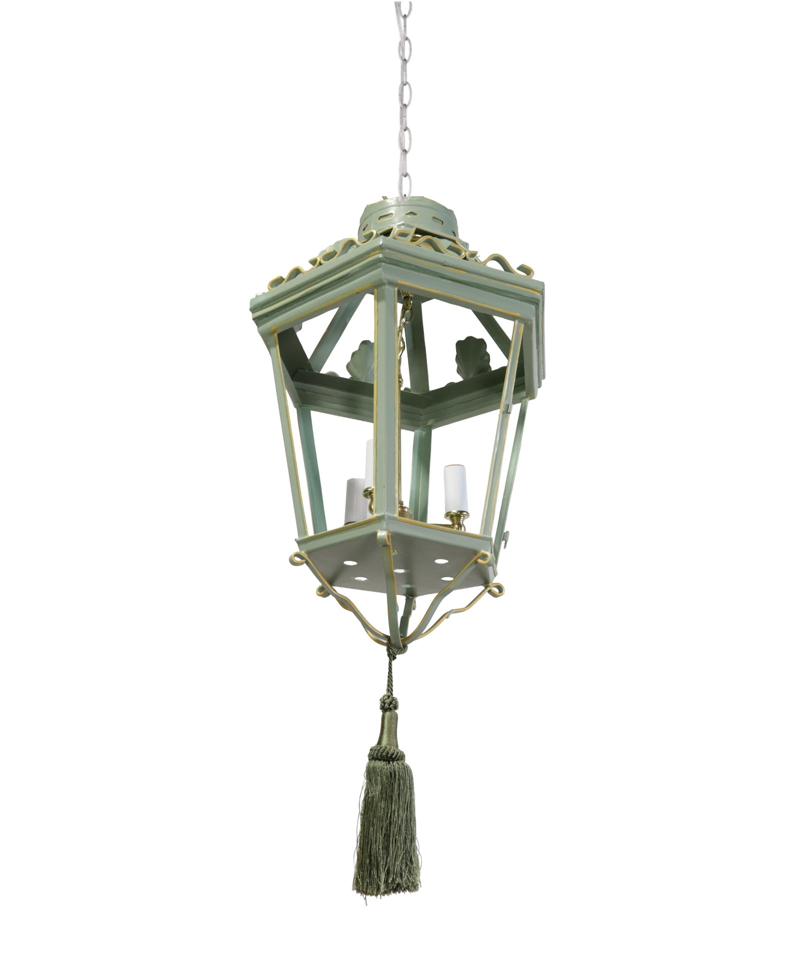 A Vintage "Visual Comfort" Style Iron Celadon Green Chandelier - 4