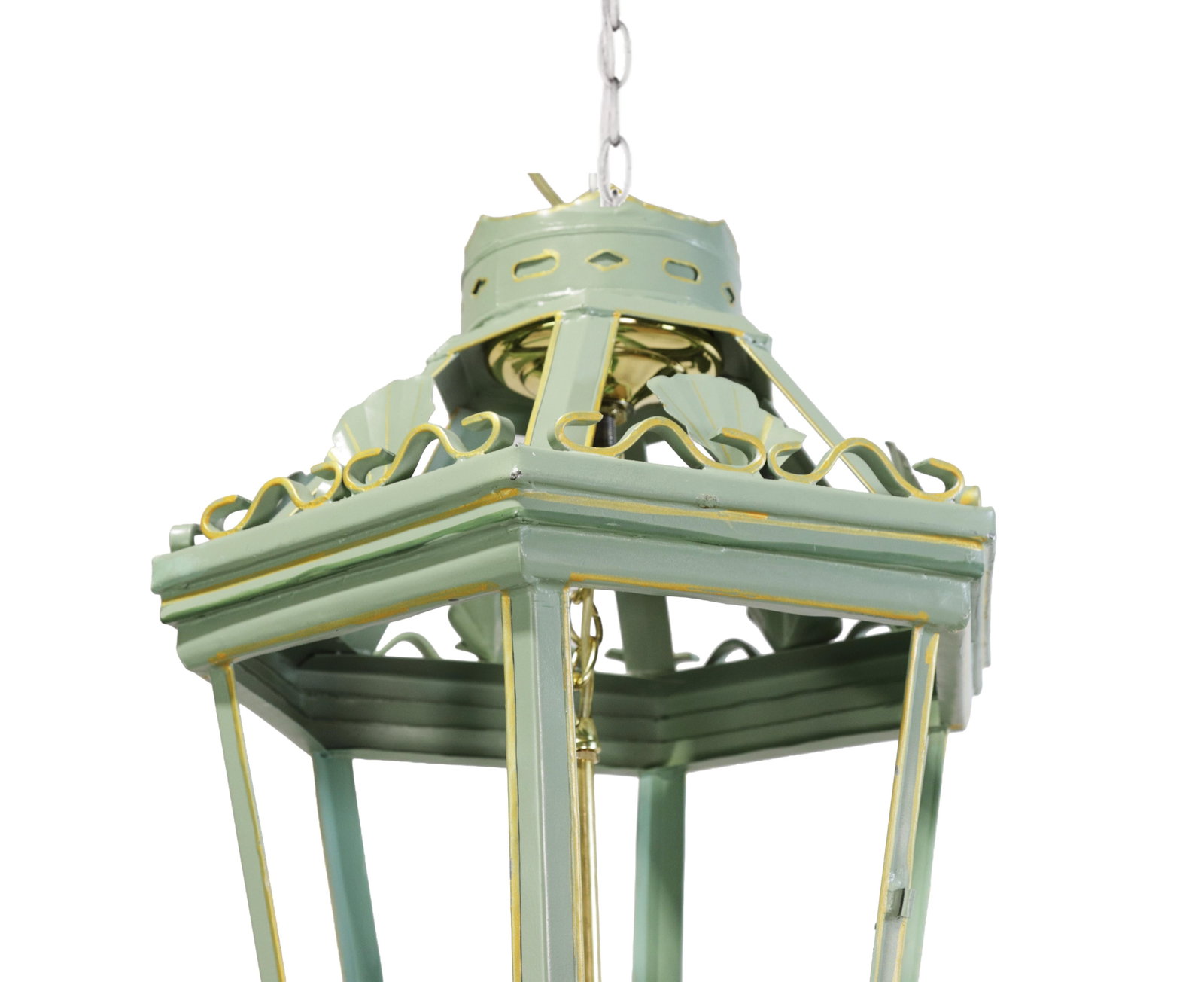 A Vintage "Visual Comfort" Style Iron Celadon Green Chandelier - 7