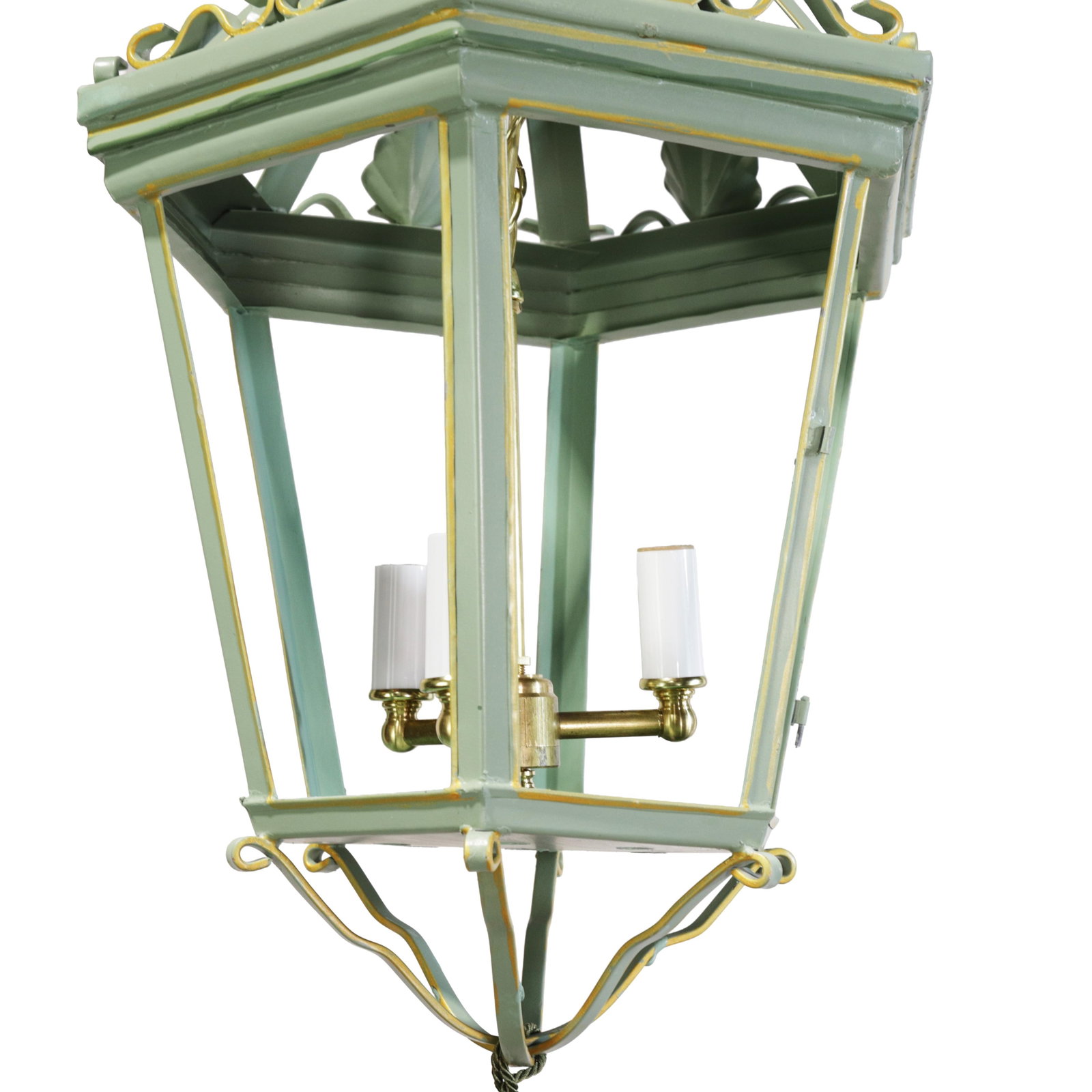 A Vintage "Visual Comfort" Style Iron Celadon Green Chandelier - 8
