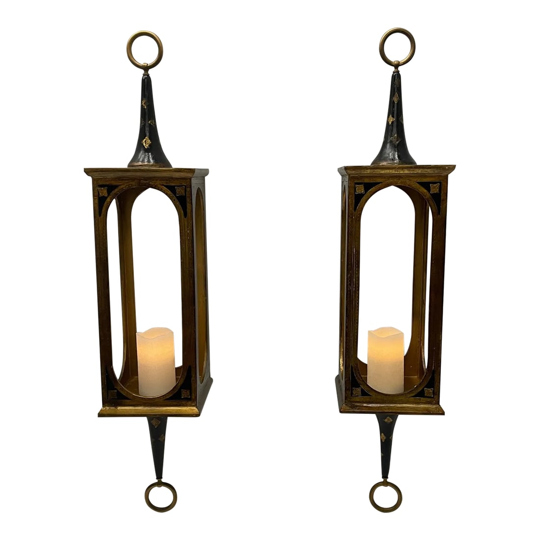 Ebonized & Gilt Venetian Hanging Lanterns -A Pair: Romantic pair of hanging Venetian lanterns made of gilded and ebonized wood. Meant for candlelight. Condition: Alterations: Original Condition Unaltered Imperfections: Some Imperfections Condition