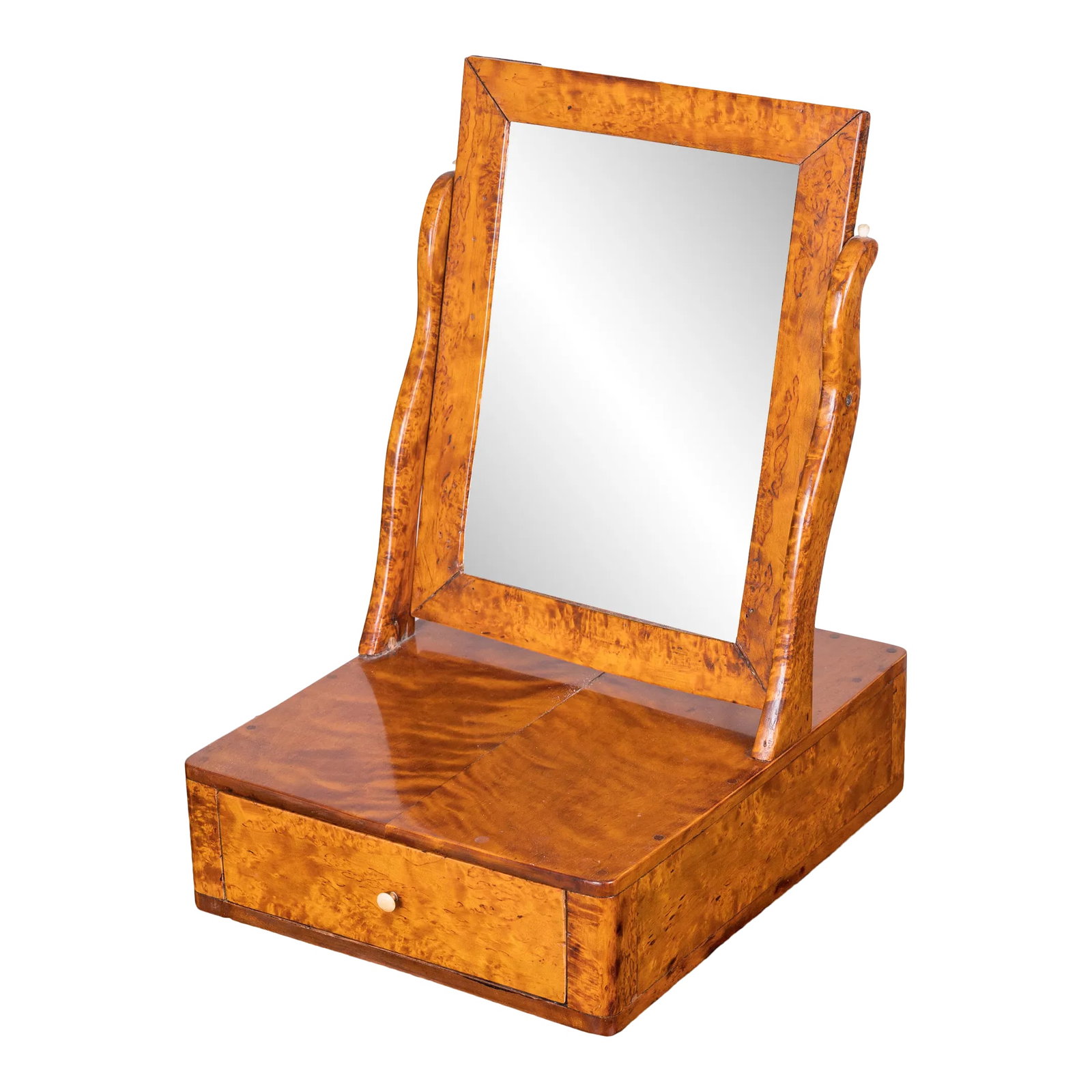 Swedish Karelian Burl Dressing Mirror, 19th Century: A unique Swedish karelian burl dressing mirror with bone accents, 19th Century. 11 inches wide by 13 inches deep by 17 inches tall Condition: Alterations: Original Condition Unaltered Imperfections: