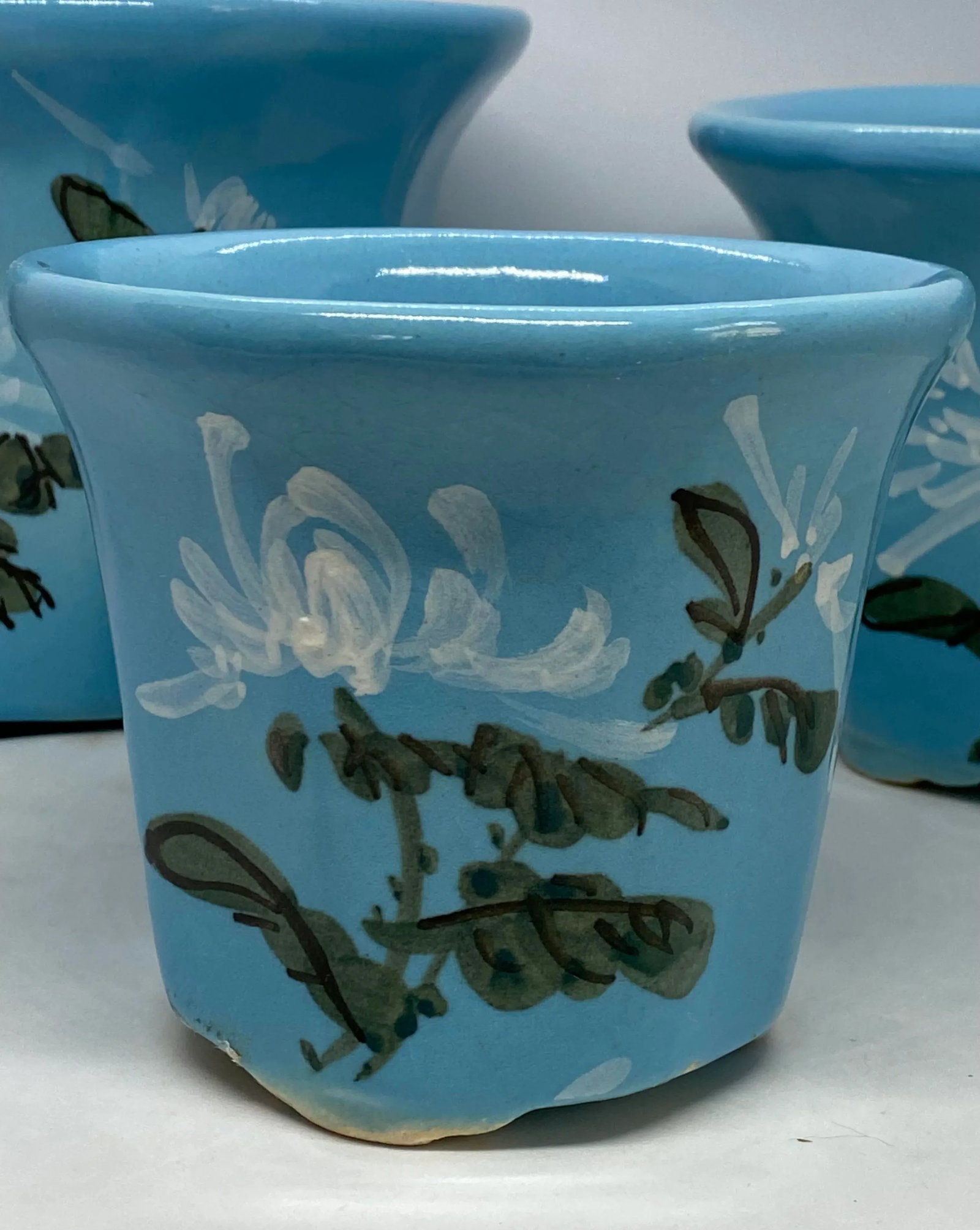 Mid 20th Century HandPainted French Blue Ceramic Planter Flower Pots - Set of 3 - 3