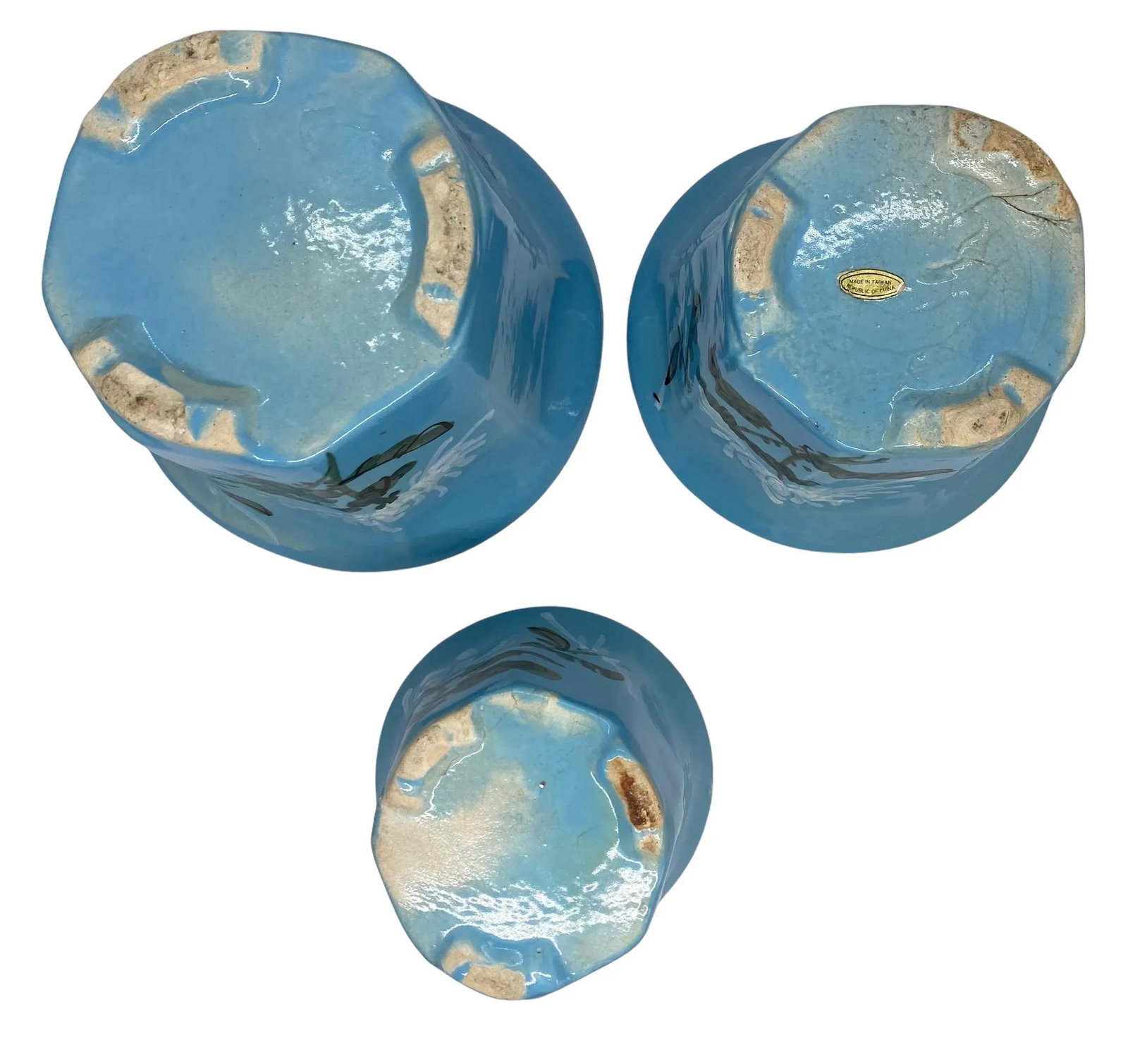 Mid 20th Century HandPainted French Blue Ceramic Planter Flower Pots - Set of 3 - 5