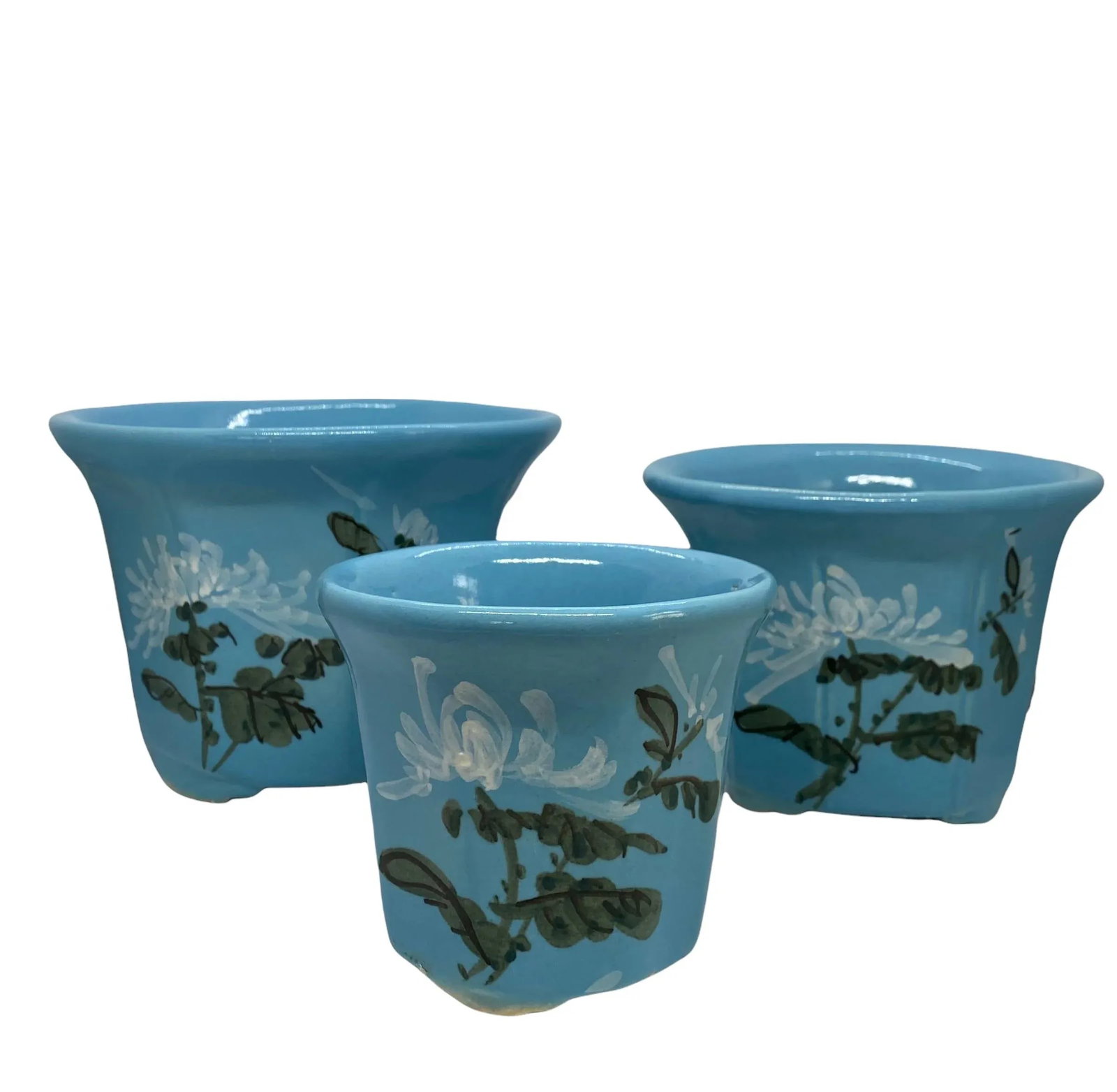 Mid 20th Century HandPainted French Blue Ceramic Planter Flower Pots - Set of 3 - 6