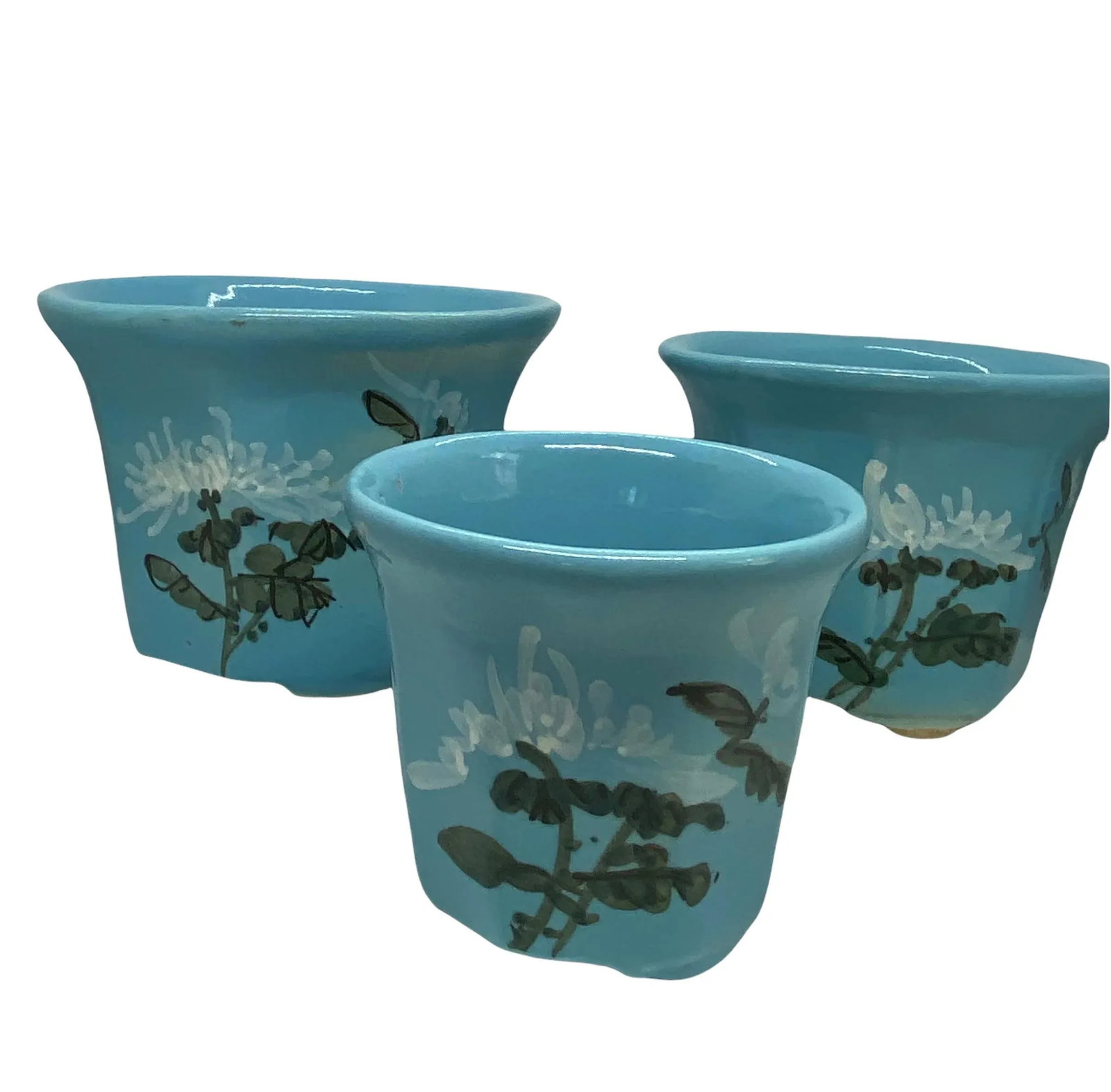 Mid 20th Century HandPainted French Blue Ceramic Planter Flower Pots - Set of 3 - 9