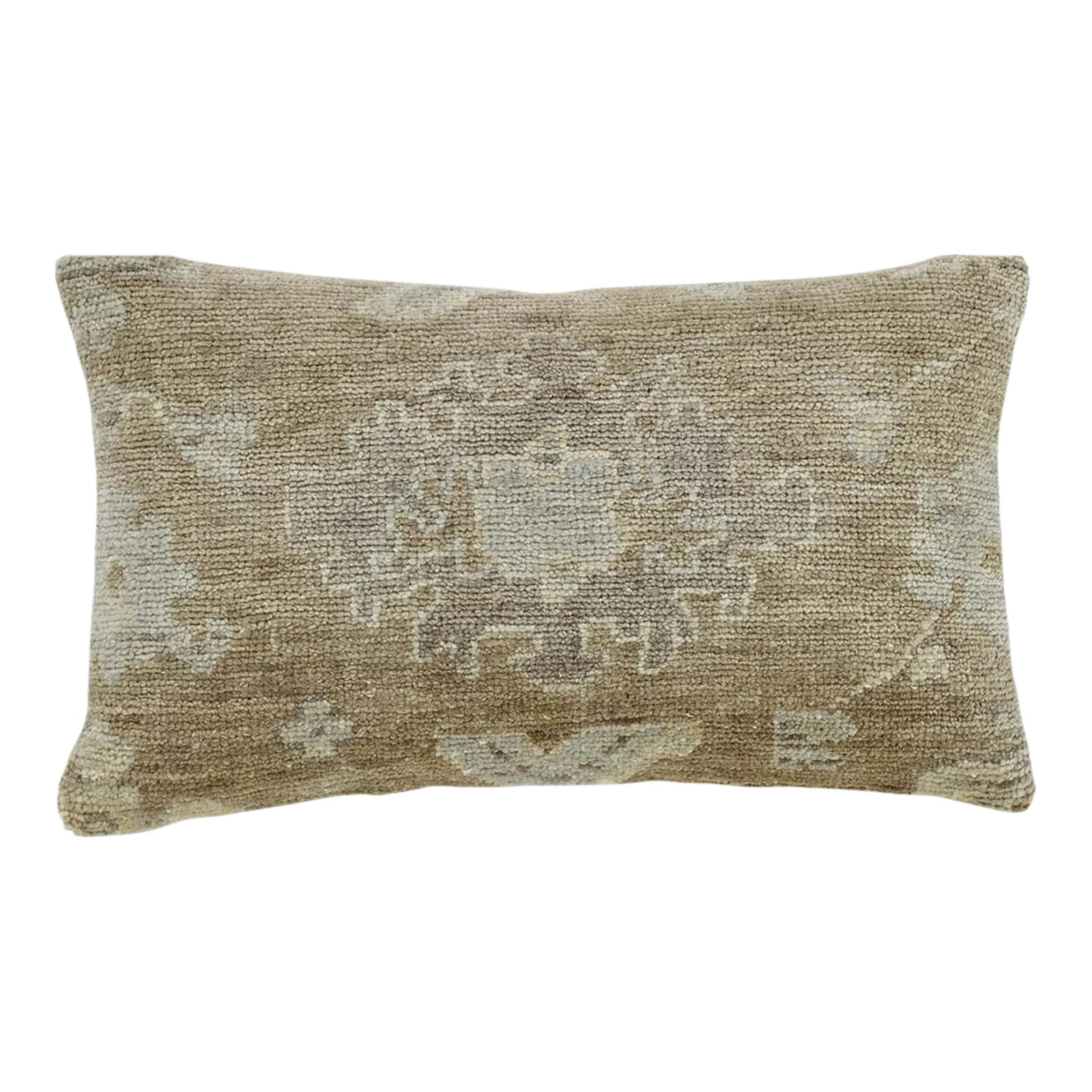 Modern Decorative Golden/Coffee Throw Pillow: This new accent pillow of East-meets-West design aesthetic showcases a floral design with predominant golden/coffee color. Hand made, using either 100% premium wool. This pillow measure: 14" x 22". Co